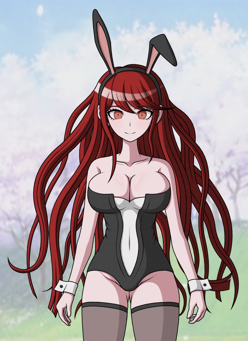 1girls accurate_art_style alternate_version_available blurred_background blurry blurry_background bunny_costume bunny_ears bunny_girl bunnysuit cheeeeeeeeeeeeen cleavage cleavage_cutout cleavage_overflow cuffs danganronpa danganronpa_3 danganronpa_zero female_only junko_enoshima looking_at_viewer red_eyes red_hair ryoko_otonashi sprite_edit stockings straight_hair wristband wristwear