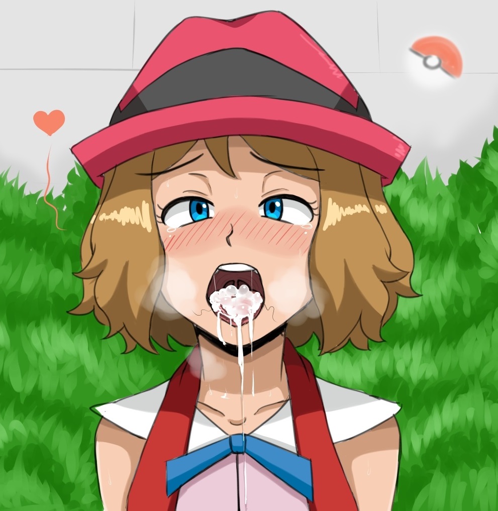 1girls, after fellatio, black pubic hair, blue eyes, blue ribbon, blue ribbon stripe, blush, blushing, brown hair, bush, bushes, clothed, clothing, collarbone, cum, cum drip, cum in mouth, cum on tongue, dripping cum, eye contact, eyebrows visible through hair, eyelashes, female, female only, fully clothed, half-closed eyes, hat, heart, highres, honey hair, human, human only, looking at viewer, male, male pubic hair, nintendo, open mouth, outdoors, pokemon, pokemon xy, presenting, pubic hair, pubic hair in mouth, reach025, red hat, saliva, saliva string, serena (pokemon), sexually suggestive, shiny hair, short hair, solo, stray pubic hair, sweat, sweatdrop, sweating, sweaty, tearing up, tears, teeth, tongue, tongue out, wet