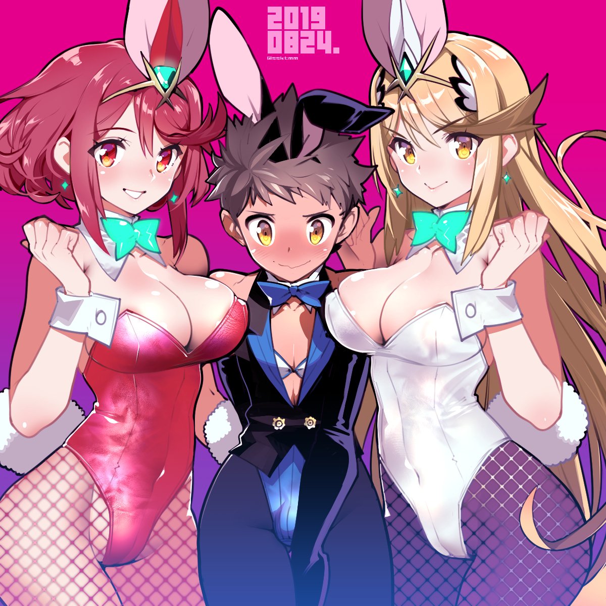 1boy 2019 2girls adapted_costume androgynous animal_ears arm_around_waist arms_behind_back black_legwear blonde_hair blush bow bowtie bra breasts brown_eyes brown_hair bulge bunny_boy bunny_ears bunny_tail bunnyboy bunnysuit bunnysuit_bulge cleavage covered_navel crossdressing cuff_links detached_collar embarrassed fake_animal_ears femboy fishnet_pantyhose fishnets fujimoto_hideaki girly highres large_breasts latex leotard long_hair multiple_girls mythra_(xenoblade) nintendo pantyhose pyra_(xenoblade) red_eyes red_hair rex_(xenoblade) sparkle tail tiara trap very_long_hair xenoblade_(series) xenoblade_chronicles_2 yellow_eyes