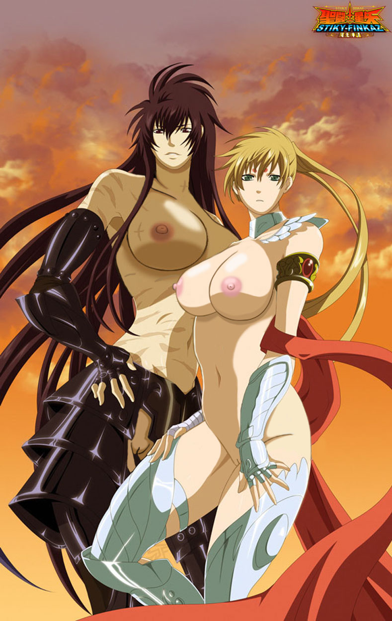 1girls 2girls armor behemoth_violate black_hair blonde_hair blue_eyes breasts crane_yuzuriha curvy edit female gauntlets human large_breasts long_hair looking_at_viewer multiple_girls nipples pale-skinned_female pale_skin ponchocop pussy saint_seiya saint_seiya:_the_lost_canvas scar silver_saints specters thick_thighs topless violet_hair voluptuous wide_hips