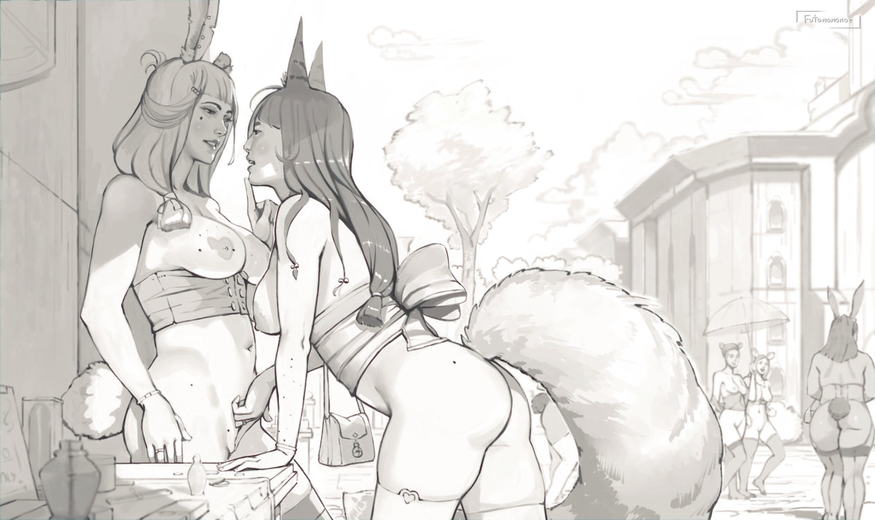 2girls, areolae, ass, breasts, bunny ears, bunny girl, female, female only, futomomomoe, monochrome, nipples, pussy, yuri