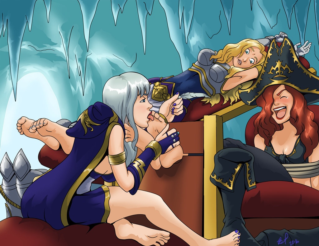 ashe_(league_of_legends) bad_pierrot barefoot blue_toenails breasts feet foot_fetish foot_lick league_of_legends luxanna_crownguard miss_fortune nail_polish soles stocks toe_licking toes tongue