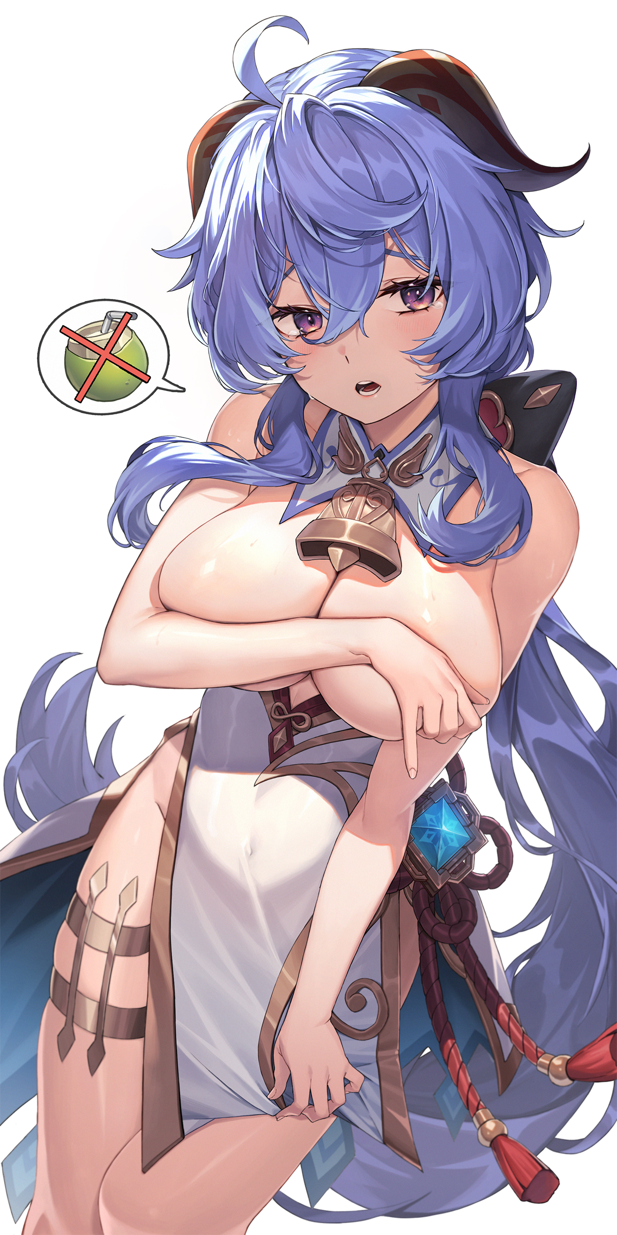 absurdres, ahoge, bare shoulders, bell, blue hair, breasts, china dress, chinese clothes, covered navel, covering breasts, covering privates, detached collar, dress, female, ganyu (genshin impact), genshin impact, goat horns, highres, horns, huge breasts, large breasts, neck bell, open mouth, pelvic curtain, purple eyes, side slit, sidelocks, simple background, solo, solo female, spoken object, sunnillust, thighlet, thighs, topless, vision (genshin impact), white background