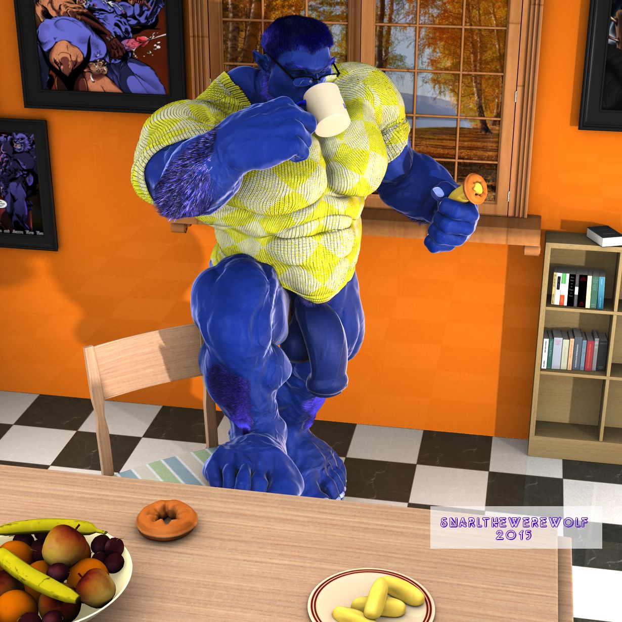 3d 3d_(artwork) anthro balls bara beast_(x-men) big_penis blue_body bottomless flaccid furry glasses hank_mccoy male male_only marvel marvel_comics mug muscles muscular pantsless penis shirt snarlthewerewolf solo solo_male x-men