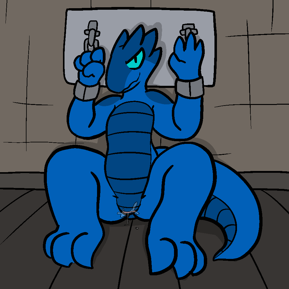 2018 animal_genitalia anthro bondage bondage bound cloaca cum dungeon female horizontal_cloaca kobold lolori looking_at_viewer nude presenting pussy scalie shackles solo spread_legs spreading trout_(artist)