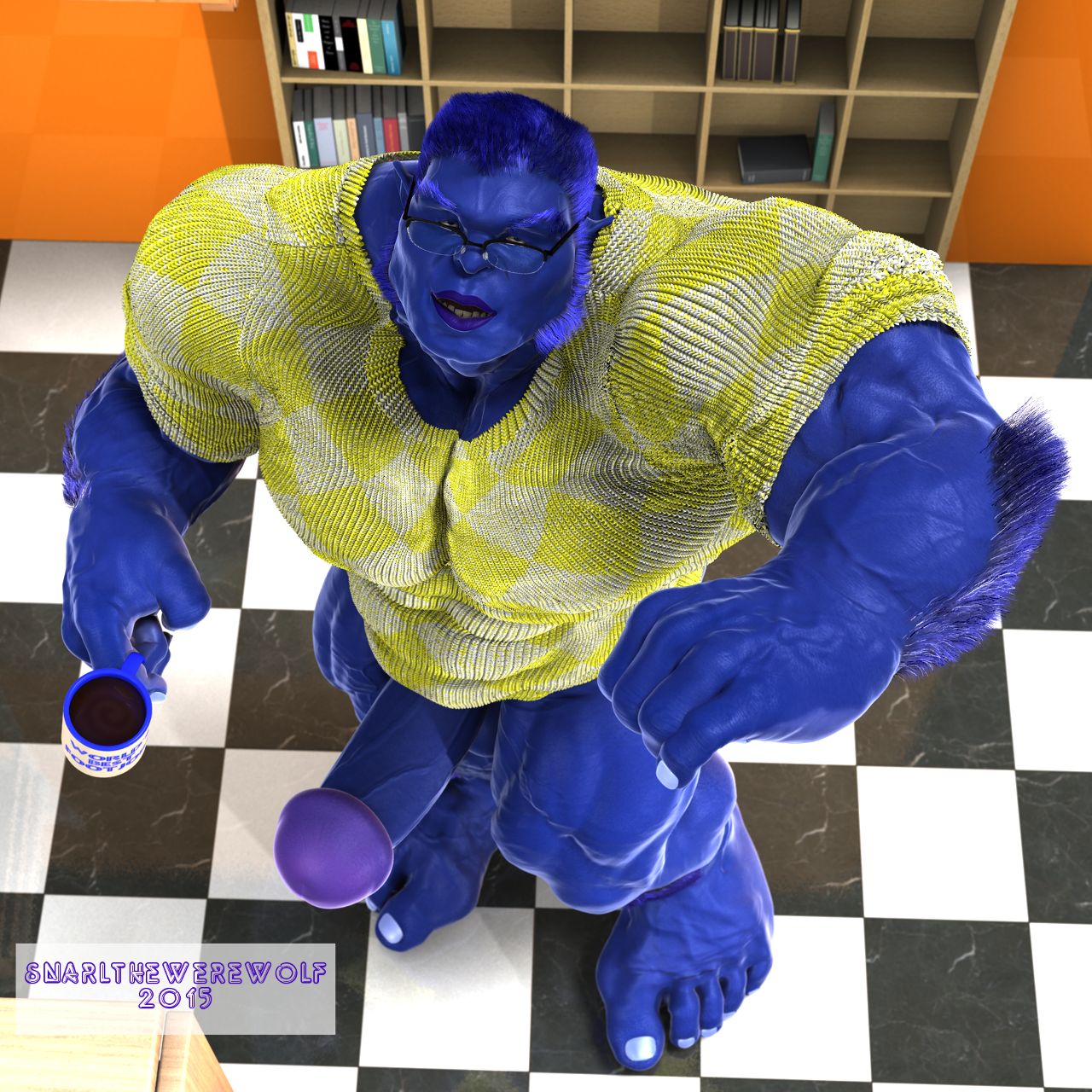 3d 3d_(artwork) anthro balls bara beast_(x-men) big_penis blue_body blue_skin boner bottomless erection furry glasses hank_mccoy male male_only marvel marvel_comics mug muscles muscular pantsless penis shirt snarlthewerewolf solo solo_male x-men