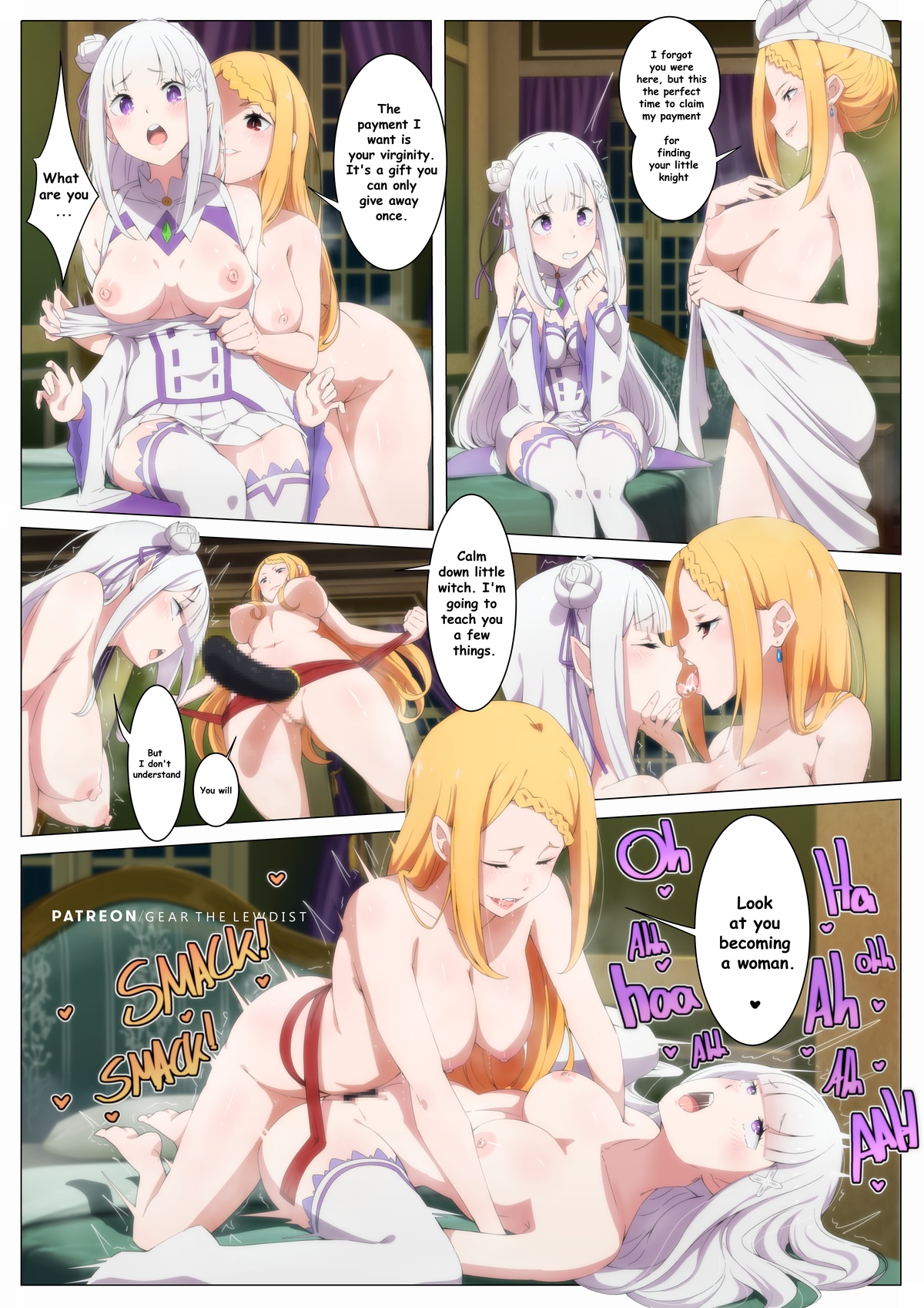 bathrobe, bedroom, bisexual, braid, braids, breasts, breasts out, censored, censored pussy, dildo, dominant female, elf, elf ears, elf female, emilia (re:zero), experienced female, female, female focus, female only, first time, flower in hair, gear art, human female, imminent sex, interspecies, kissing, lesbian sex, missionary position, moaning, naked female, orange hair, penetration, priscilla barielle, purple eyes, pussy, re:zero kara hajimeru isekai seikatsu, red eyes, seductive, sex, silver hair, strap-on, strapon, submissive female, surprised, surprised expression, text bubble, tongue, vagina, vaginal penetration, virgin, virginity loss, yuri