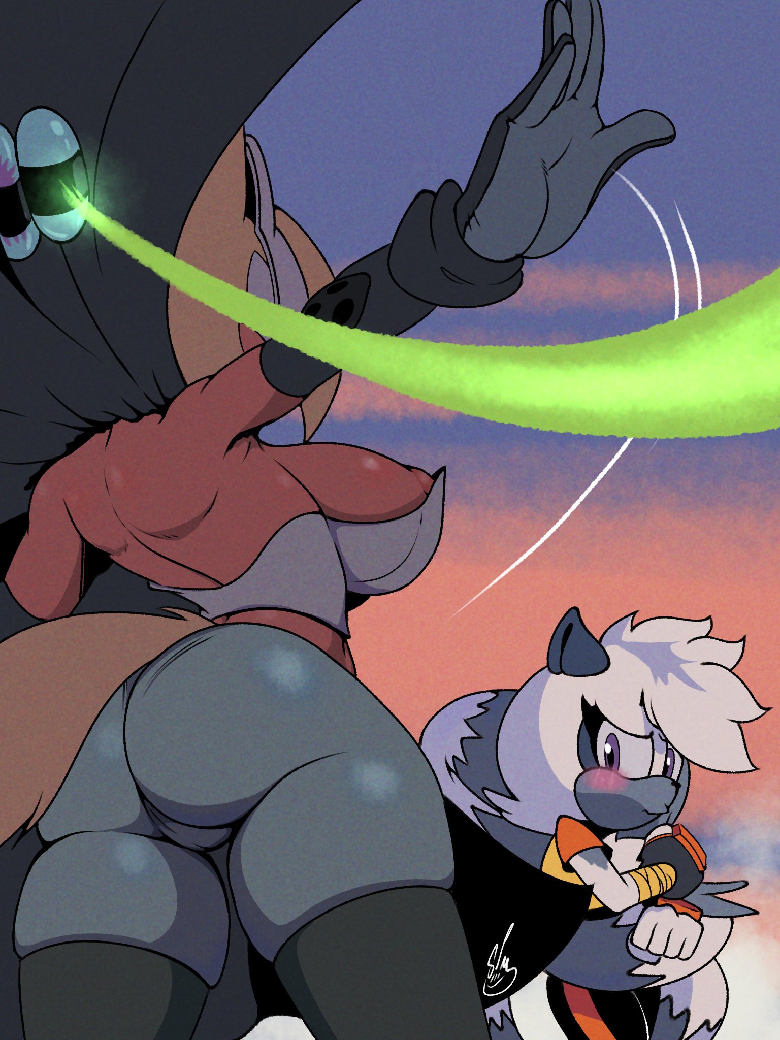 1girls, 2d, areola, areola slip, areolae, areolae slip, armpits, ass, ass focus, ass view, back view, barely sly, big ass, big breasts, breasts, butt, butt focus, female, flustered, from behind, gloves, huge breasts, idw comics, idw publishing, large breasts, lemur, mask, nintendo, nipples visible, sega, sonic (series), sonic the hedgehog (comics), sonic the hedgehog (idw), sonic the hedgehog (series), tail, tangle the lemur, thick thighs, whisper the wolf, wolf, wolf earswolf, wolf girl, yuri