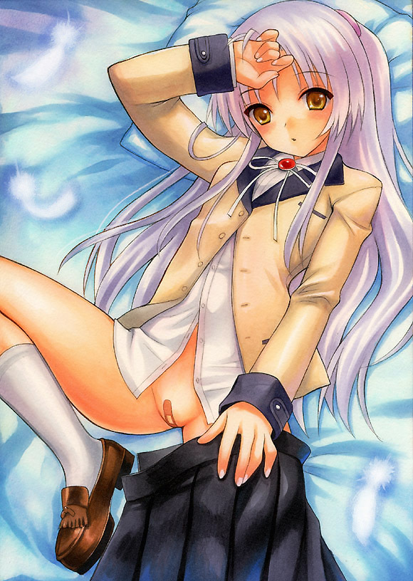 angel_beats! bandaid bandaid_on_pussy bed blazer blush bottomless brown_loafers footwear kanade_tachibana knee_socks kneehighs kneesocks kotomix leg_lift leg_raise loafers long_hair lying no_panties on_back open_mouth partially_visible_vulva pointy_chin ribbon school_uniform silver_hair skirt socks solo tachibana_kanade tenshi_(angel_beats!) uncensored undressing white_socks yellow_eyes