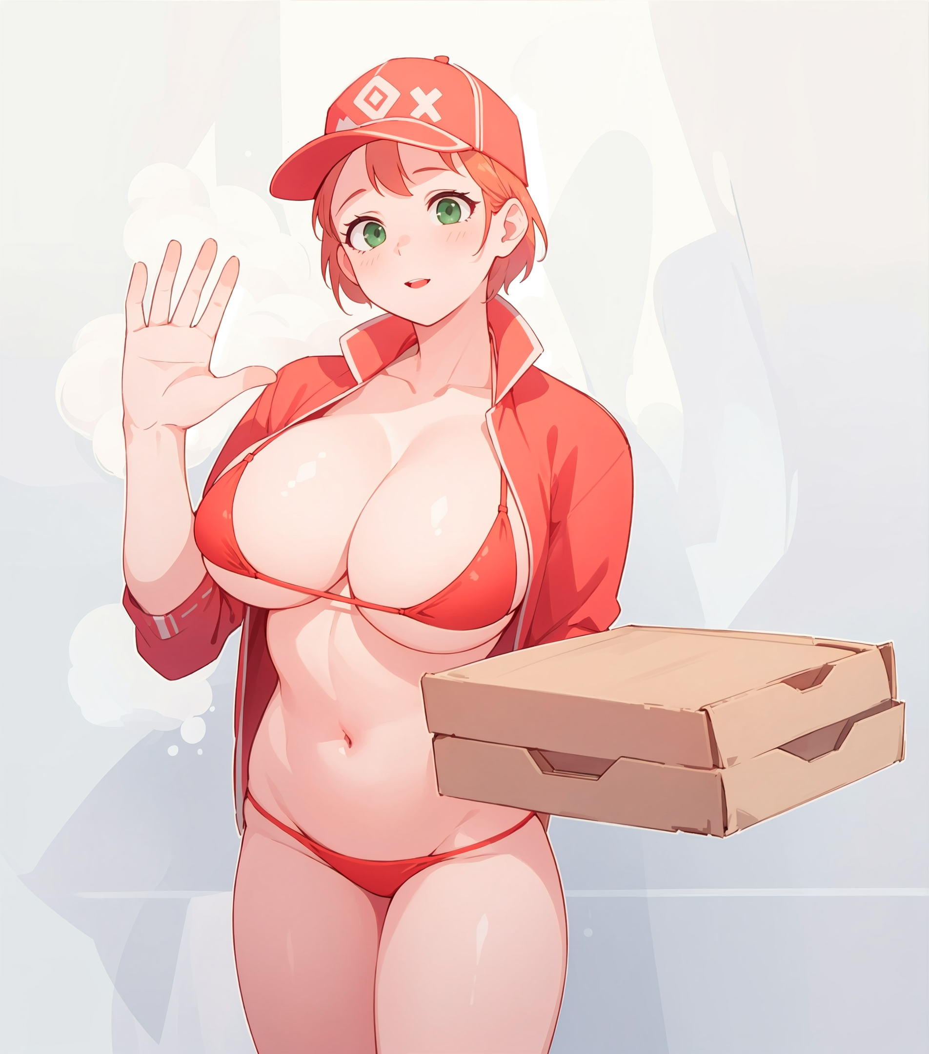 ai generated, bikini, bikini bottom, bikini top, blush, blush lines, breasts, cap, character request, cleavage, copyright request, cute, delivery, delivery employee, delivery girl, female, female only, green eyes, huge boobs, huge breasts, jacket, jorgecarlosai, navel, pizza, pizza box, red bikini, red bikini bottom, red bikini top, red hair, red jacket, short hair, smile, toned, wave, waving, waving at viewer, waving hand