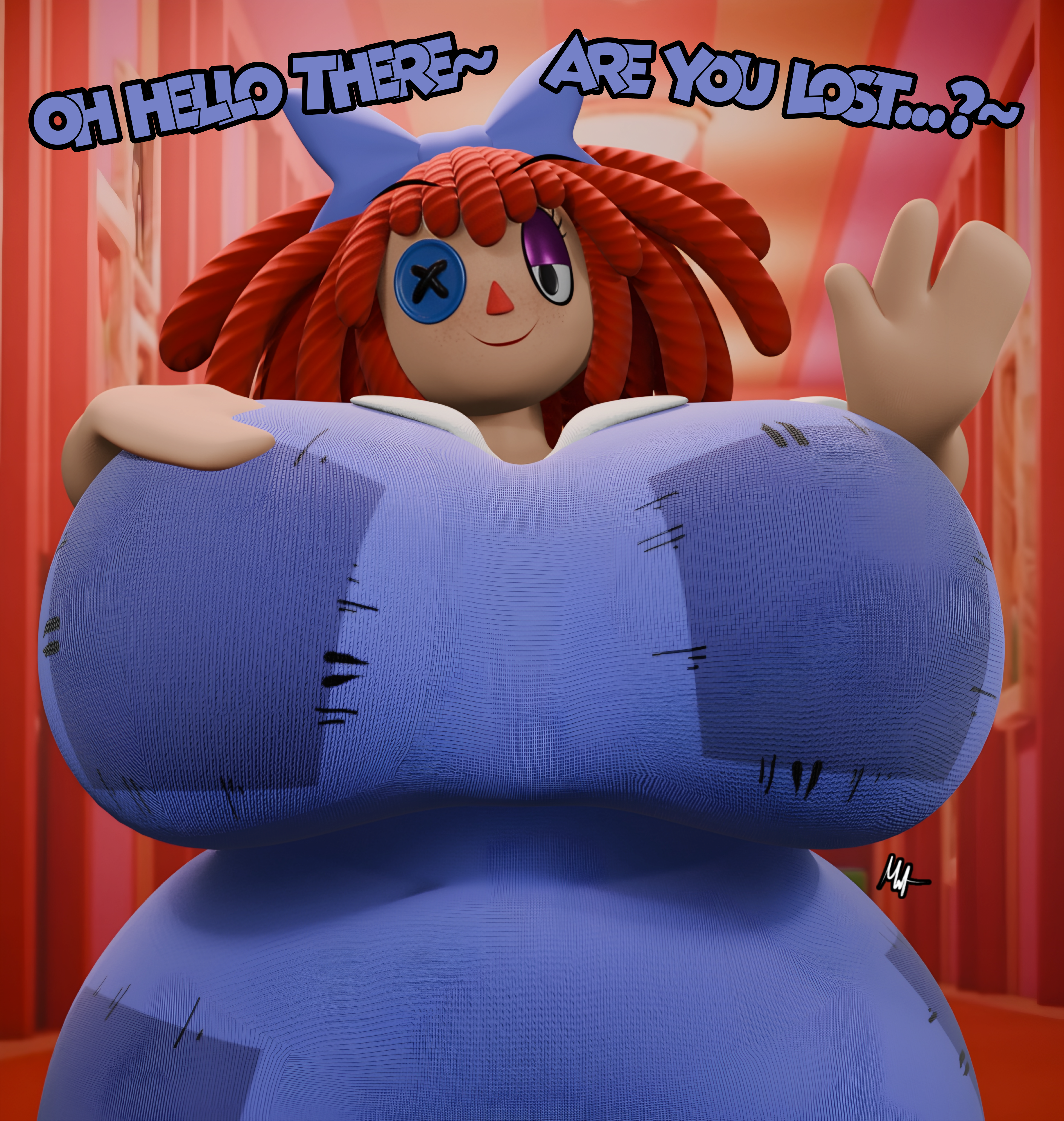 1girls, 3d, breast focus, coolbeanoishere, dialogue, gooseworx, large breasts, looking at viewer, purple clothing, ragatha (coolbeanoishere), ragatha (the amazing digital circus), red body, solo, the amazing digital circus, thick