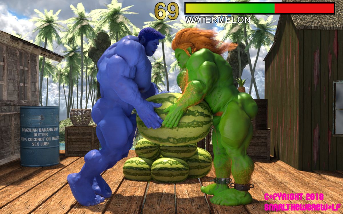 3d 3d_(artwork) anthro balls bara beast_(x-men) big_penis blanka blue_body blue_skinned_male boner capcom crossover erection furry gay green_body green_skin hank_mccoy male male_only marvel marvel_comics muscles muscular nude orange_hair penis snarlthewerewolf street_fighter watermelon watermelon_sex x-men