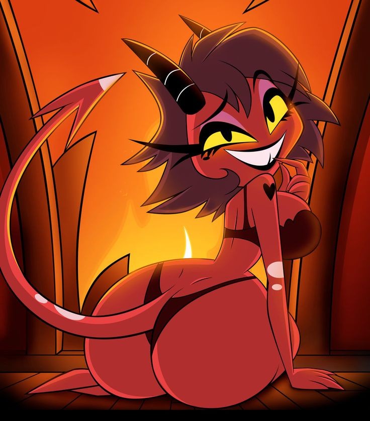 ass, big ass, black hair, black panties, breasts, demon, demon girl, digital media (artwork), female, helluva boss, medium breasts, millie (helluva boss), red skin, tail, yellow eyes, yellow sclera