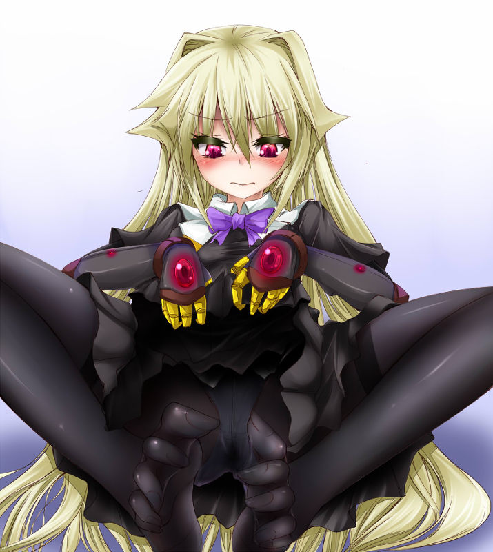 arcana_heart_3 blonde_hair blush feet female gauntlets hair_intakes long_hair panties panties_under_pantyhose pantyhose pointy_chin pov_feet red_eyes shimo_(depthbomb) skirt skirt_lift spread_toes straight_hair toe_spread toes uncensored underwear very_long_hair weiss