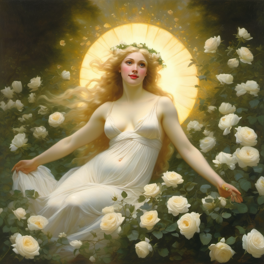 ai_generated blonde_hair blue_eyes breasts curly_hair curvy female flower flowers lips long_hair medium_breasts presenting realistic rose_(flower) smile solo white_dress white_rose william_bouguereau