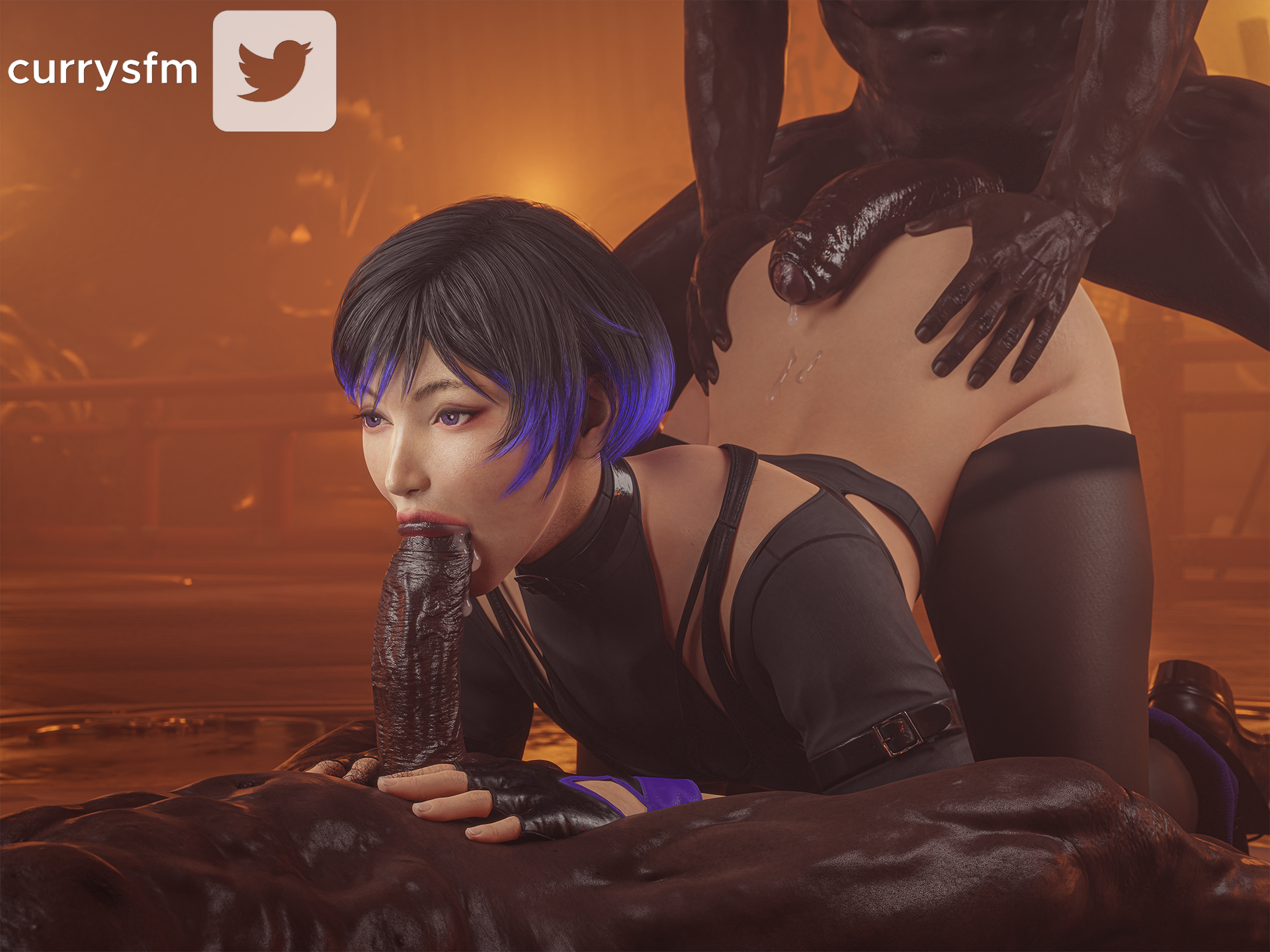1girls, 2boys, 3d, 3d (artwork), asian, asian female, ass, ass grab, blowjob, bulldog position, cum, currysfm, dark skin, dark-skinned male, doggy style, fellatio, female, interracial, male, mmf threesome, oral, reina mishima, sex, spitroast, swallowing, tekken, tekken 8, threesome, tomboy, voluptuous