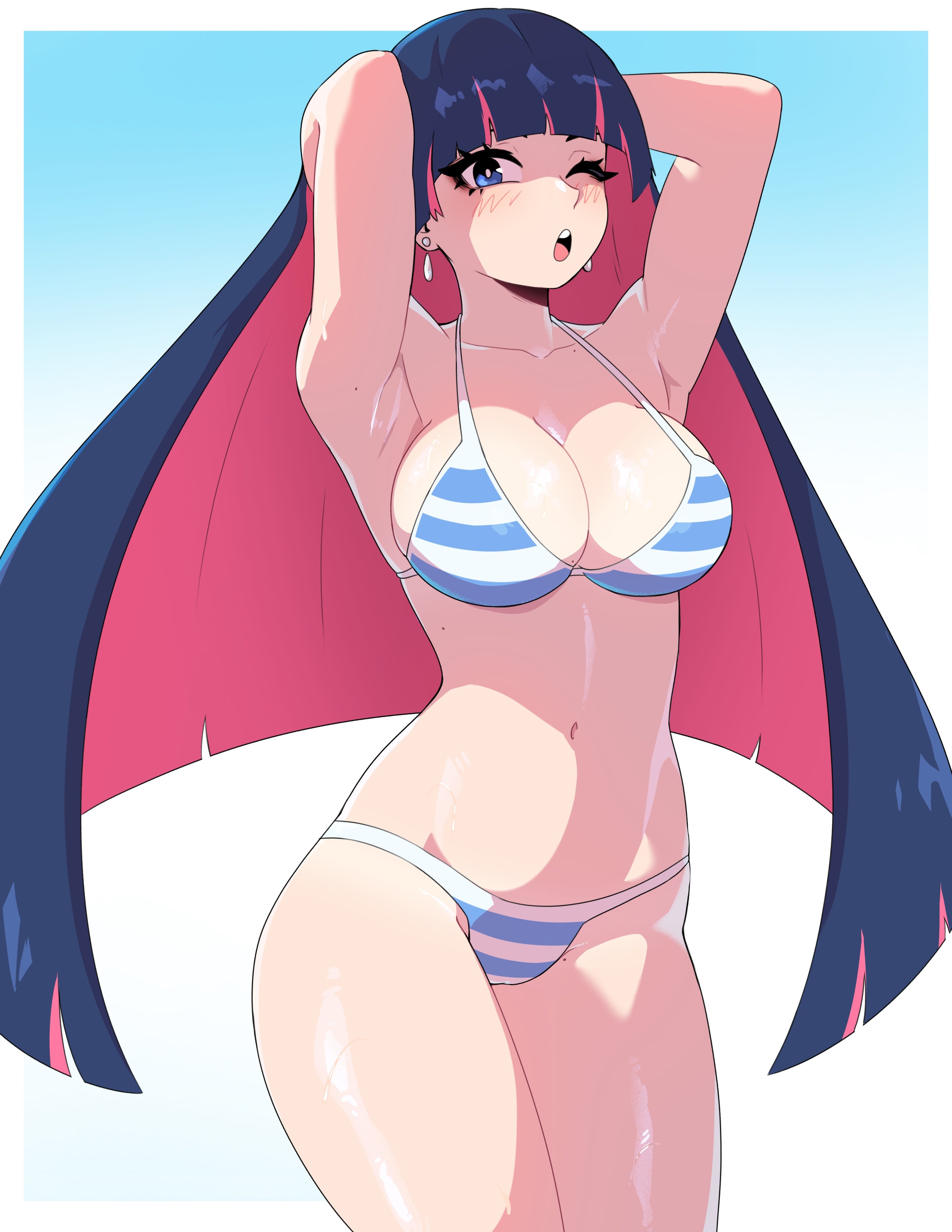 1girls, 2024, 2d, 2d (artwork), angel, angel girl, arms behind head, big breasts, bikini, bikini bottom, bikini top, blue bikini, blue eyes, blush, bottomwear, breasts, cleavage, dashi art, ear piercing, earrings, female, female only, hair, hands behind head, hips, huge breasts, long hair, one eye closed, panty & stocking with garterbelt, pink hair, purple hair, questionable, solo, solo female, stocking anarchy, striped bikini, swimwear, thighs, topwear, two-tone hair, wet, wet body