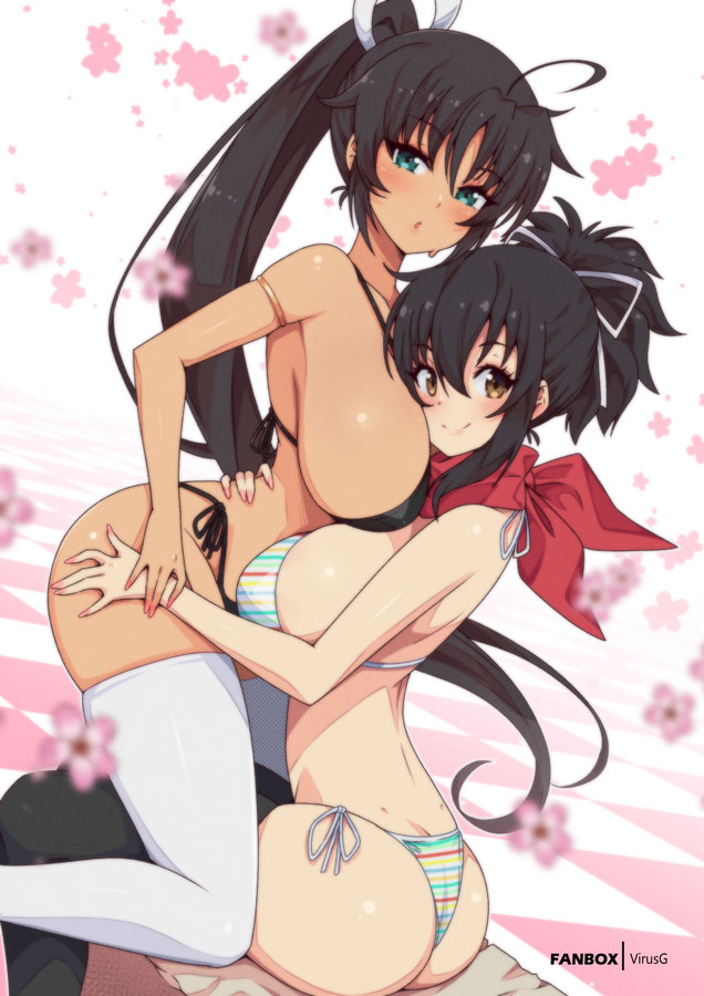 2024 2girls ass asuka_(senran_kagura) bikini dark-skinned_female homura_(senran_kagura) large_breasts marvelous ponytail senran_kagura swimsuit virus-g yuri