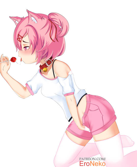 2d 2d_(artwork) bell_collar blush blush bra breasts cat_ears catgirl collar doki_doki_literature_club eroneko-senpai eroneko_senpai fingering fingering_pussy fingering_self fingers human humanoid light-skinned_female light_skin lollipop natsuki_(doki_doki_literature_club) patreon_username petplay pink_eyes pink_hair pink_thighhighs thighhighs thighs tongue video_game watermark