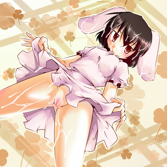 animal_ear black_hair blush brown_eyes bukkake bunny_ear cum cum_on_body cum_on_lower_body cum_on_upper_body dress dutch_angle facial from_below pussy sesield short_hair solo tewi_inaba touhou uncensored upskirt