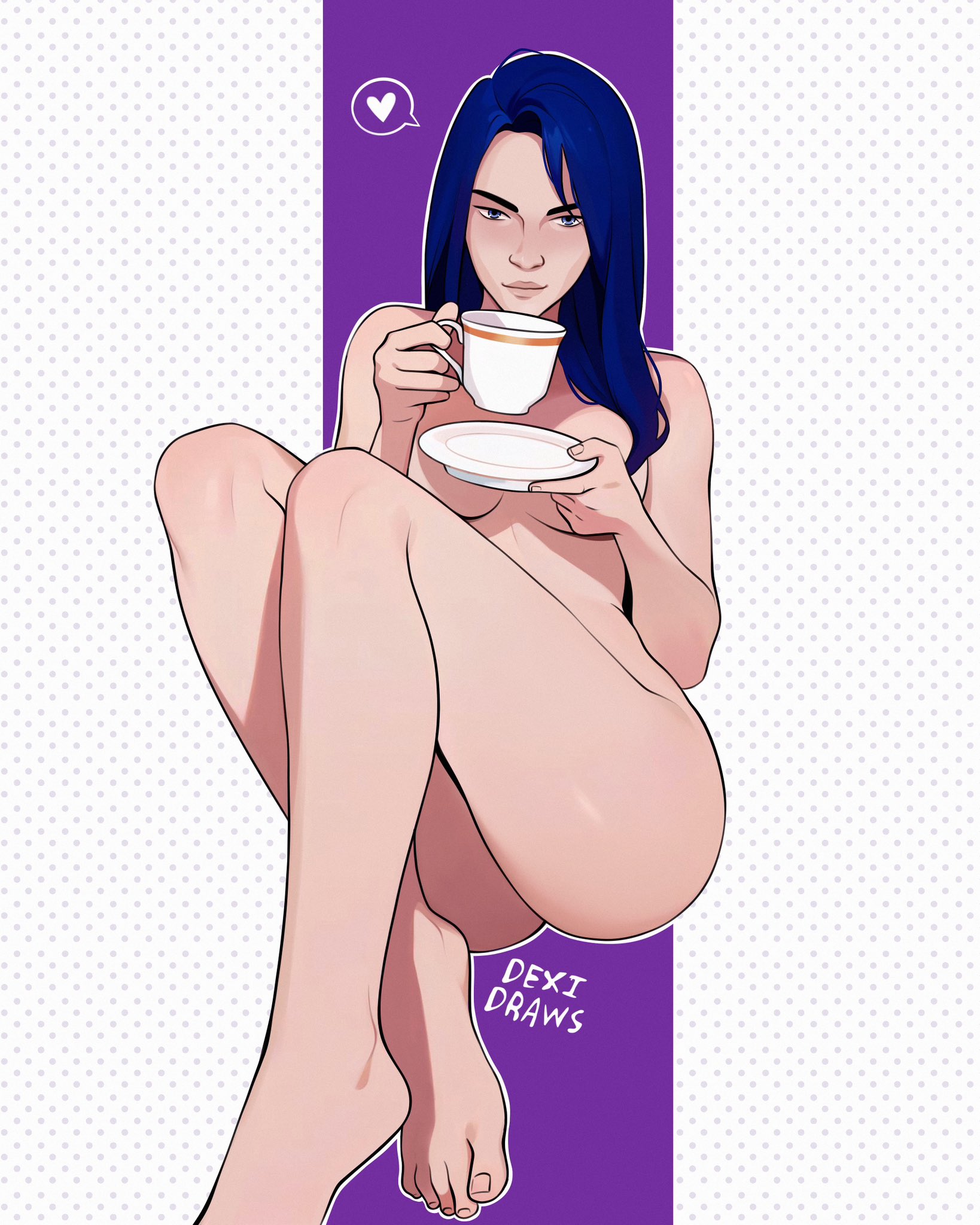 1girls, arcane, arcane caitlyn, blue hair, blush, breasts, caitlyn kiramman, casual nudity, completely nude, covered nipples, covering breasts, cup, curvy, dexi draws, female, league of legends, legs together, long hair, looking at viewer, medium breasts, nude, plate, riot games, slim waist, smooth skin, solo, tea cup
