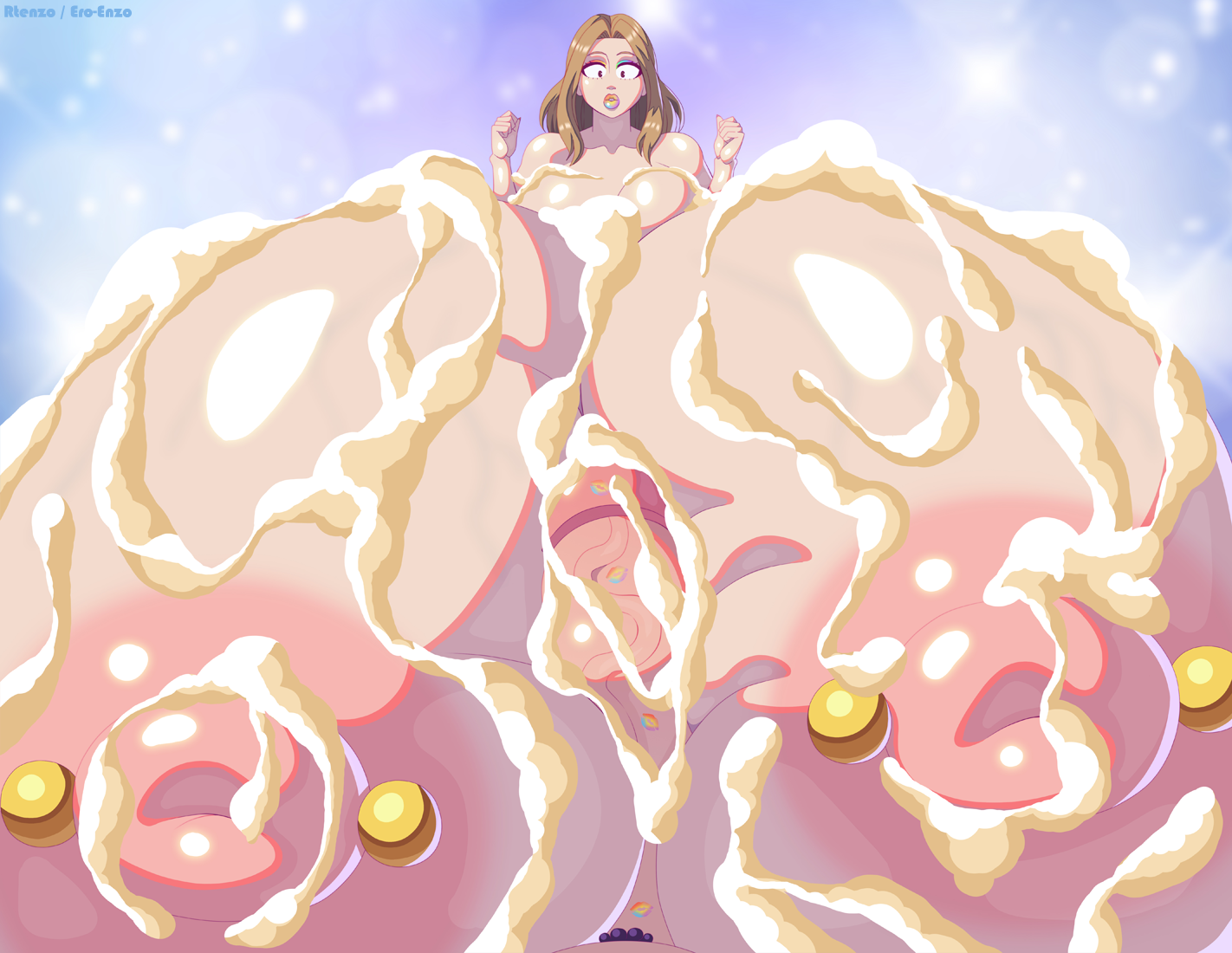 abstract background, alternate version at source, alternate version available, artist name, blonde hair, breasts, camie utsushimi, ero-enzo, female, hyper breasts, hyper penis, lipstick, lipstick mark, lipstick on penis, makeup, male, massive areolae, massive breasts, minoru mineta, my hero academia, nipple piercing, nipples, paizuri, penis, piercing, rainbow lipstick, rtenzo, small but hung, tagme, unseen male face