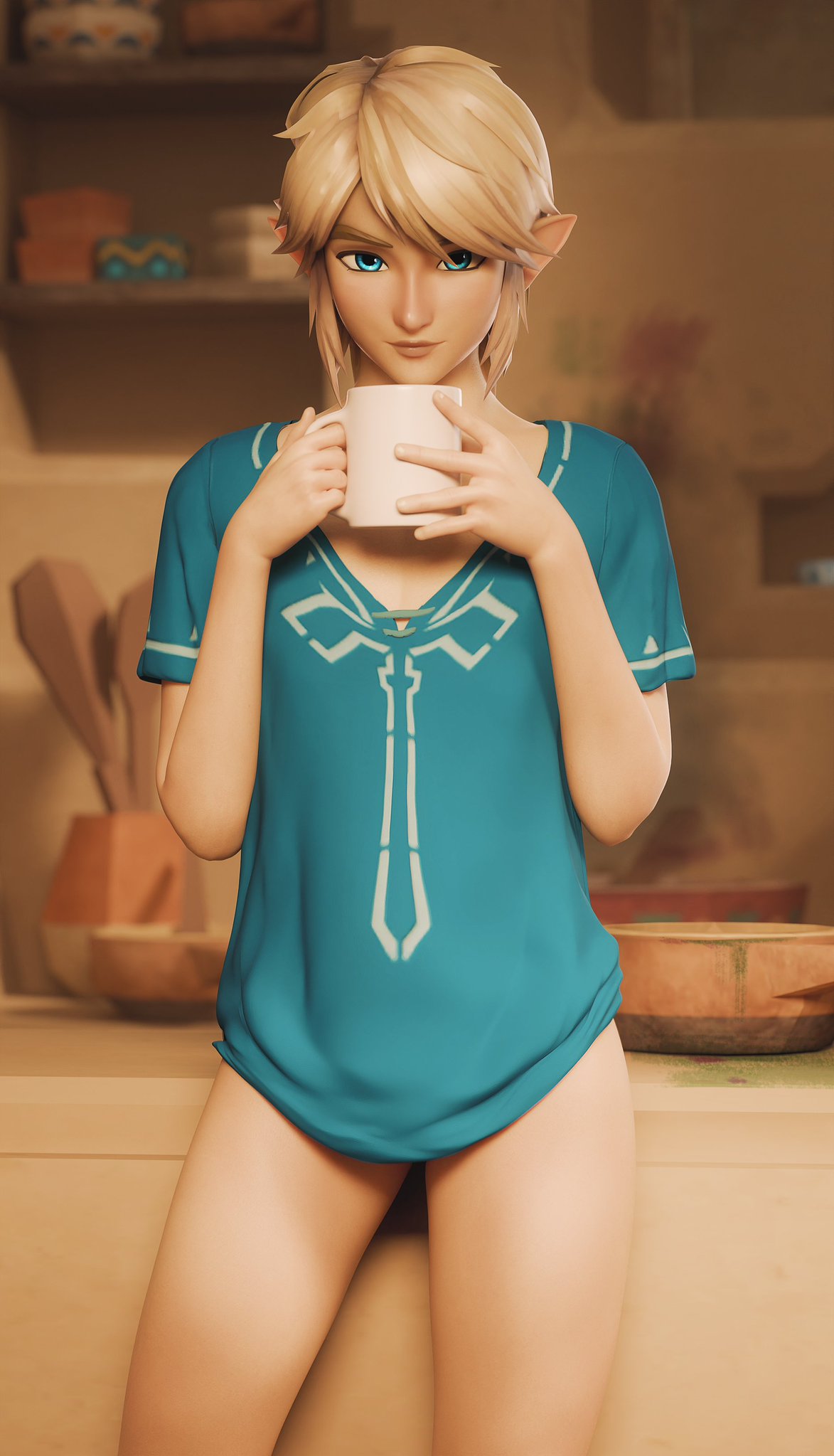 1boy 1femboy 3d aqua_eyes bare_legs blonde_hair blue_eyes bottomless breath_of_the_wild champion's_tunic clothing femboy femboy_focus femboy_only feminine_male fugtrup hylian hylian_ears link link_(breath_of_the_wild) looking_at_viewer male male_only mug nintendo no_sex pale_skin pretty_boy solo solo_femboy solo_focus solo_male tears_of_the_kingdom the_legend_of_zelda twink