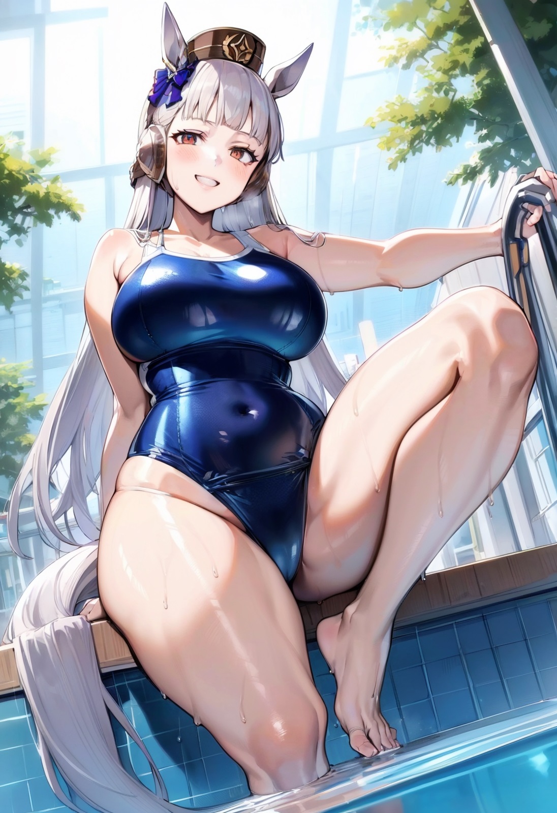ai generated, animal ears, ear muffs, female, gold ship (umamusume), horse girl, long hair, pink eyes, ribbon in hair, school swimsuit, silver hair, umamusume, umamusume pretty derby