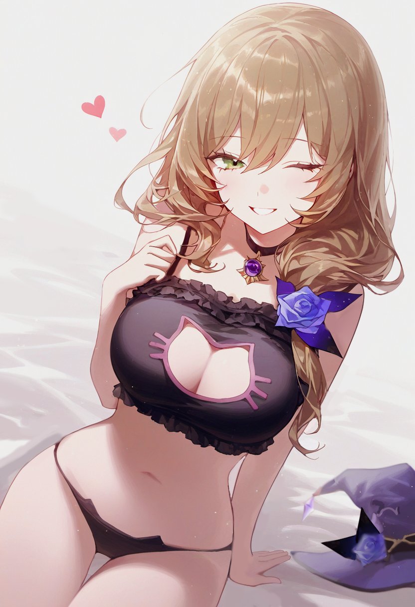 ai generated, breasts, brown hair, cat lingerie, cleavage, female, genshin impact, green eyes, heart, large breasts, lingerie, lisa (genshin impact), mature, mature female, smile, stable diffusion, underwear, wink, winking at viewer