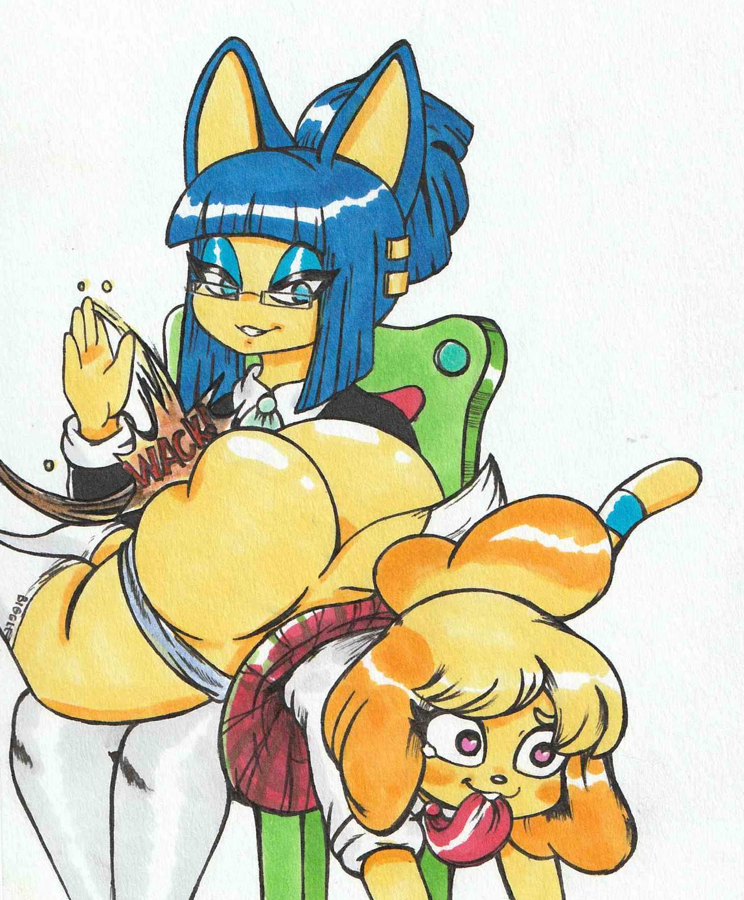 2girls animal_crossing ankha ass female_only furry isabelle_(animal_crossing) nintendo panties_down spanking vampiricpig