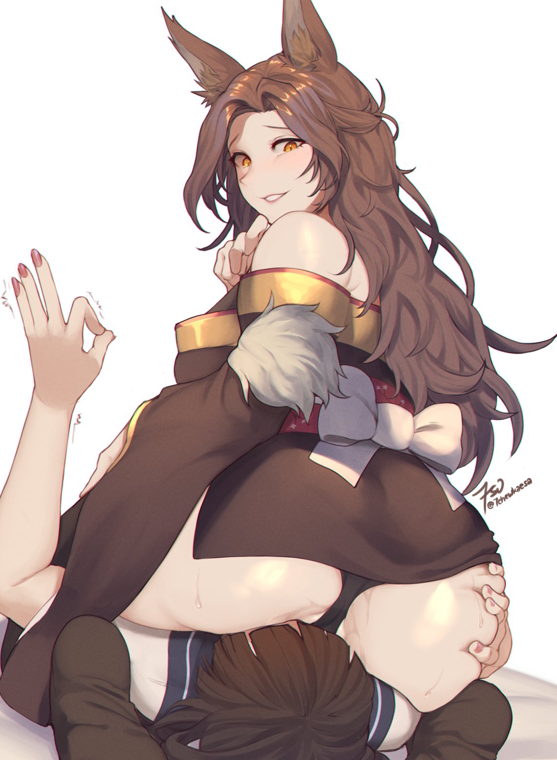 2d, 2d (artwork), 2girls, 7sukasa, animal ears, ass, ass grab, blush, clothed, clothing, facesitting, female, female focus, female only, fox, fox ears, fox girl, fox humanoid, fox tail, gold eyes, kimono, kitsune, multiple females, multiple girls, nervous, pussy, saeko kitsune, socks, thighs, underwear, virtual youtuber, vtuber, wet pussy, yellow eyes, yuri
