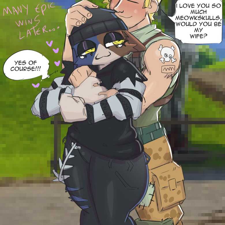 1boy 1girls blush cat_girl cute english_text fortnite furry heart holding_hands jonesy_(fortnite) love meow_skulls_(fortnite) water_enjoyer wholesome