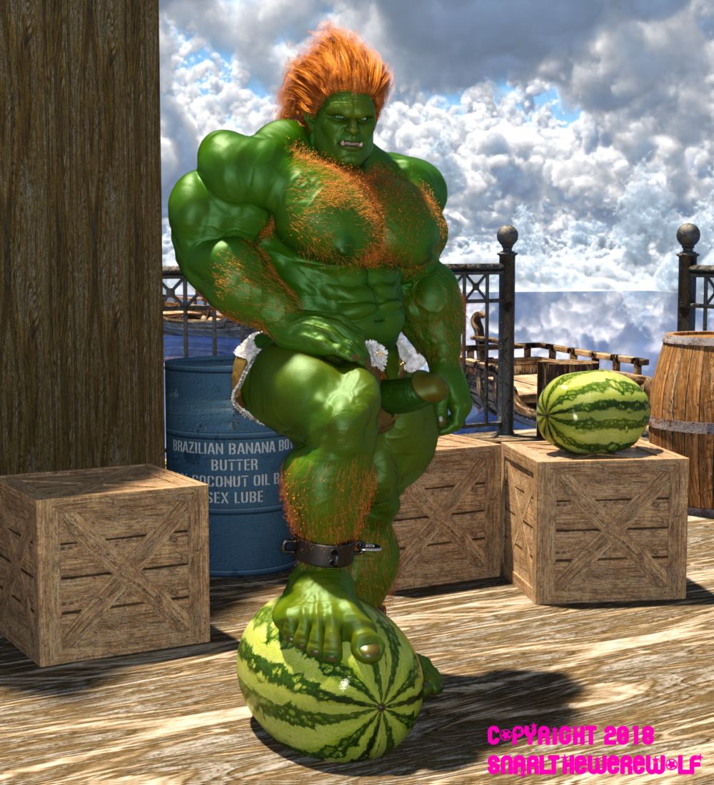 3d 3d_(artwork) balls bara big_penis blanka boner capcom erection green_body green_skin male male_only muscles muscular orange_hair penis penis_out snarlthewerewolf solo solo_male street_fighter