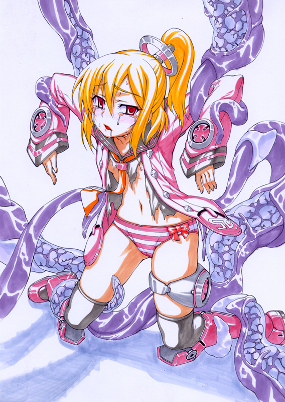 blonde_hair blush female imminent_rape original panties phantasy_star phantasy_star_portable_2 ponytail restrained restrained_by_tentacles sega selece sonic_team straight_hair striped striped_panties tears tentacle tentacle_on_female tentacle_restraint thighhighs tied_hair torn_clothes uncensored underwear