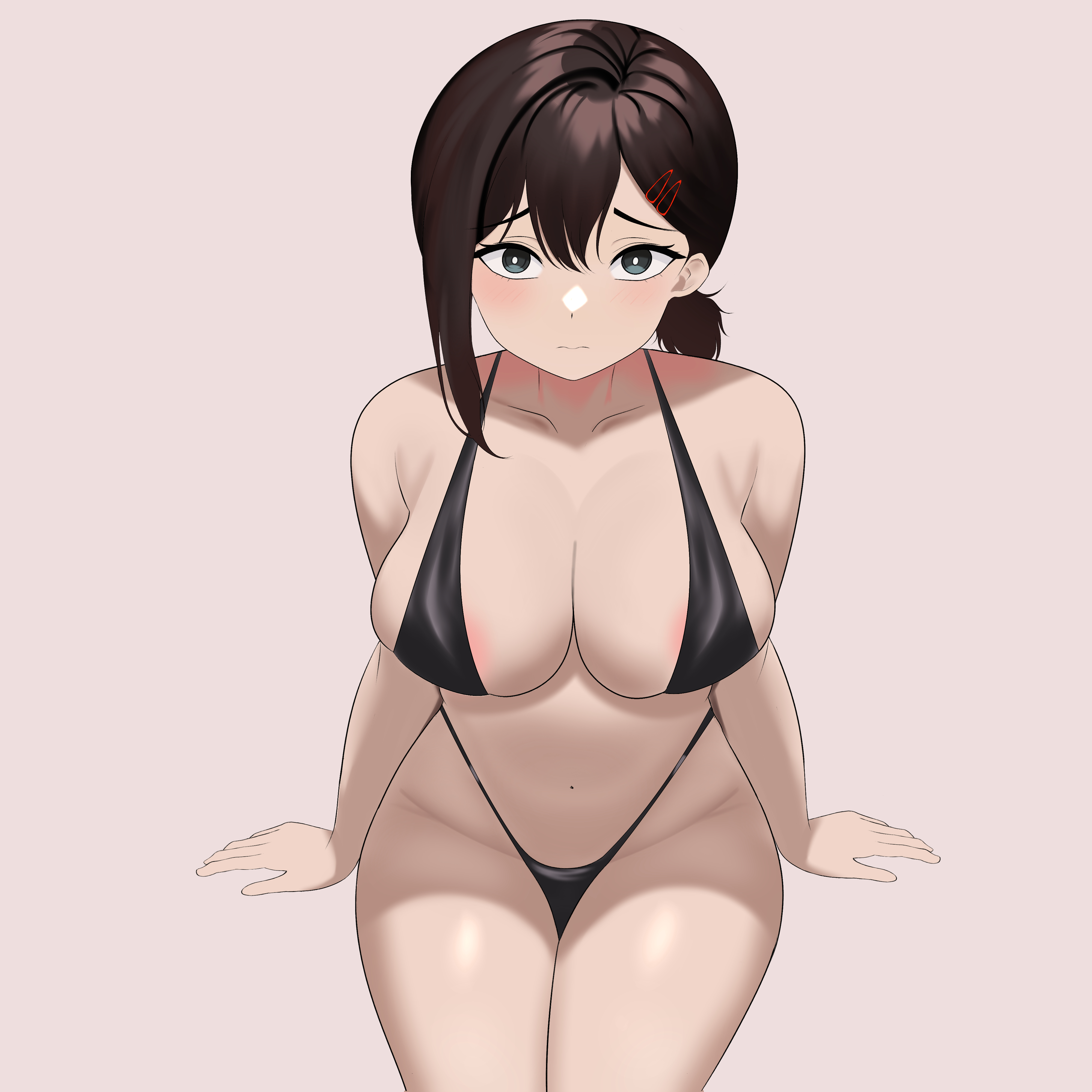 1girls, absurd res, areola slip, areolae, big breasts, bikini, bikini bottom, bikini top, black bikini, black eyes, blush, bottomwear, breasts, brown hair, chainsaw man, cleavage, dragonista , female, female only, hair, hair ornament, higashiyama kobeni, hips, huge breasts, looking at viewer, micro bikini, solo, solo female, swimwear, thighs, topwear