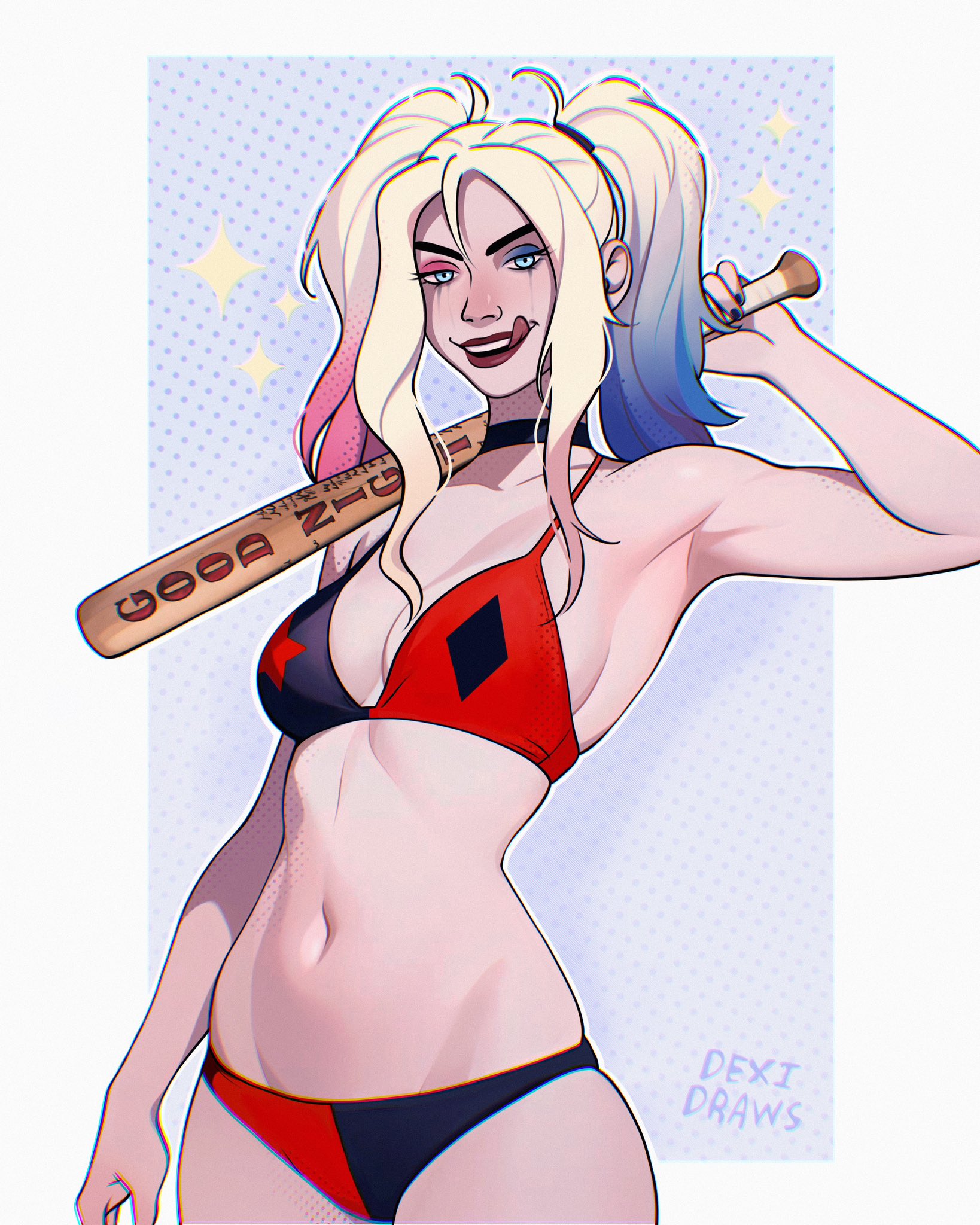 1girls, abs, armpit, baseball bat, bat, batman (series), big breasts, bikini, blonde hair, breasts, curvy, dc, dc comics, dexi draws, dyed hair, female, female only, harleen quinzel, harley quinn, harley quinn (2019), harley quinn (series), hi res, licking own lips, light skin, looking at viewer, makeup, multicolored hair, navel, pale skin, panties, pigtails, runny makeup, sfw, shiny skin, sidelocks, solo, thick thighs, tongue, tongue out, twintails