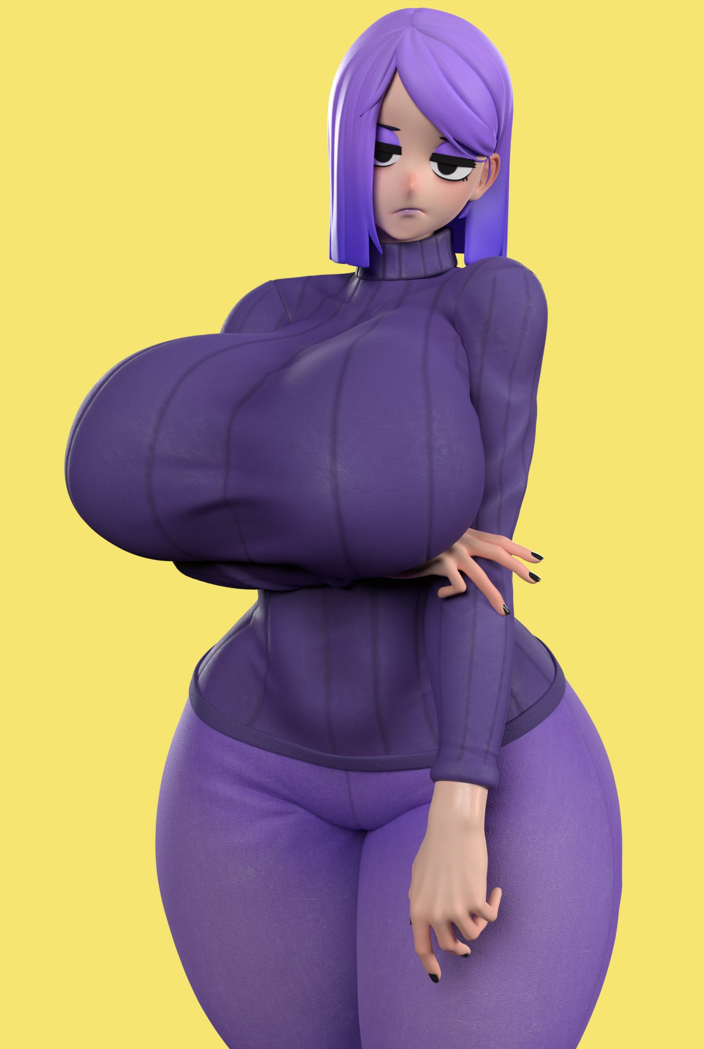 1girls, 2024, 3d, alternate version available, arm under breasts, ass, big ass, big breasts, black nails, bottomwear, breasts, busty, clothed, clothed female, clothes, clothing, curvaceous, curvy, duolingo, eyelashes, female, front view, frown, fully clothed, hair, hi res, hourglass figure, huge ass, huge breasts, human, large ass, large breasts, legs together, light skin, light-skinned female, lily (duolingo), lipstick, long hair, looking at viewer, makeup, nail polish, narrowed eyes, pants, purple clothing, purple eyeshadow, purple hair, purple lipstick, shirt, simple background, solo, standing, thick thighs, thighs, three-quarter portrait, topwear, turtleneck, unamused, usukeninja, voluptuous, wide hips, yellow background