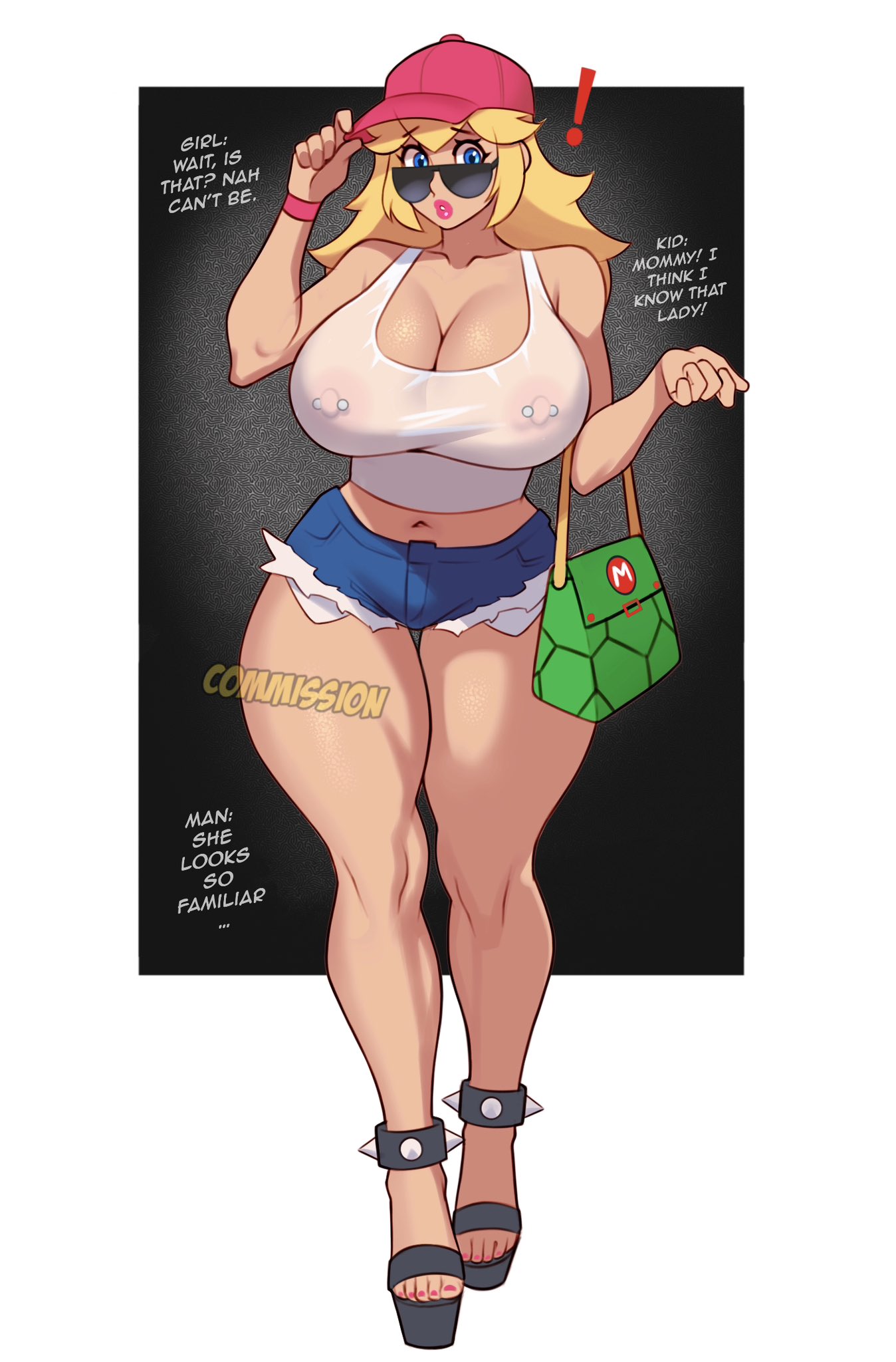 !, 1girls, 2024, anklet, areolae, areolae visible through clothing, baseball cap, belly button, big breasts, blonde hair, blue eyes, bottomwear, breasts, busty, calves, cleavage, clothed, clothed female, clothes, clothing, curvaceous, curvy, denim, denim shorts, english text, eyelashes, eyewear, feet, female, female focus, female only, footwear, front view, full body, fully clothed, hair, hat, headwear, hi res, high heels, hourglass figure, huge breasts, human, jakuson z, jean shorts, large areolae, large breasts, legs together, light skin, light-skinned female, lipstick, long hair, looking over eyewear, looking over glasses, looking over sunglasses, mario (series), midriff, navel, nintendo, nipple piercing, nipples, nipples visible through clothing, no bra, piercing, pink lipstick, pink nipples, pink toenails, platform heels, princess peach, princess peach (incognito slut), purse, see-through, shirt, shoes, short shorts, shorts, simple background, solo, standing, stomach, sunglasses, surprised, talking, tank top, text, thick thighs, thigh gap, thighs, tinted eyewear, toenail polish, toes, topwear, voluptuous, wide hips, wristband