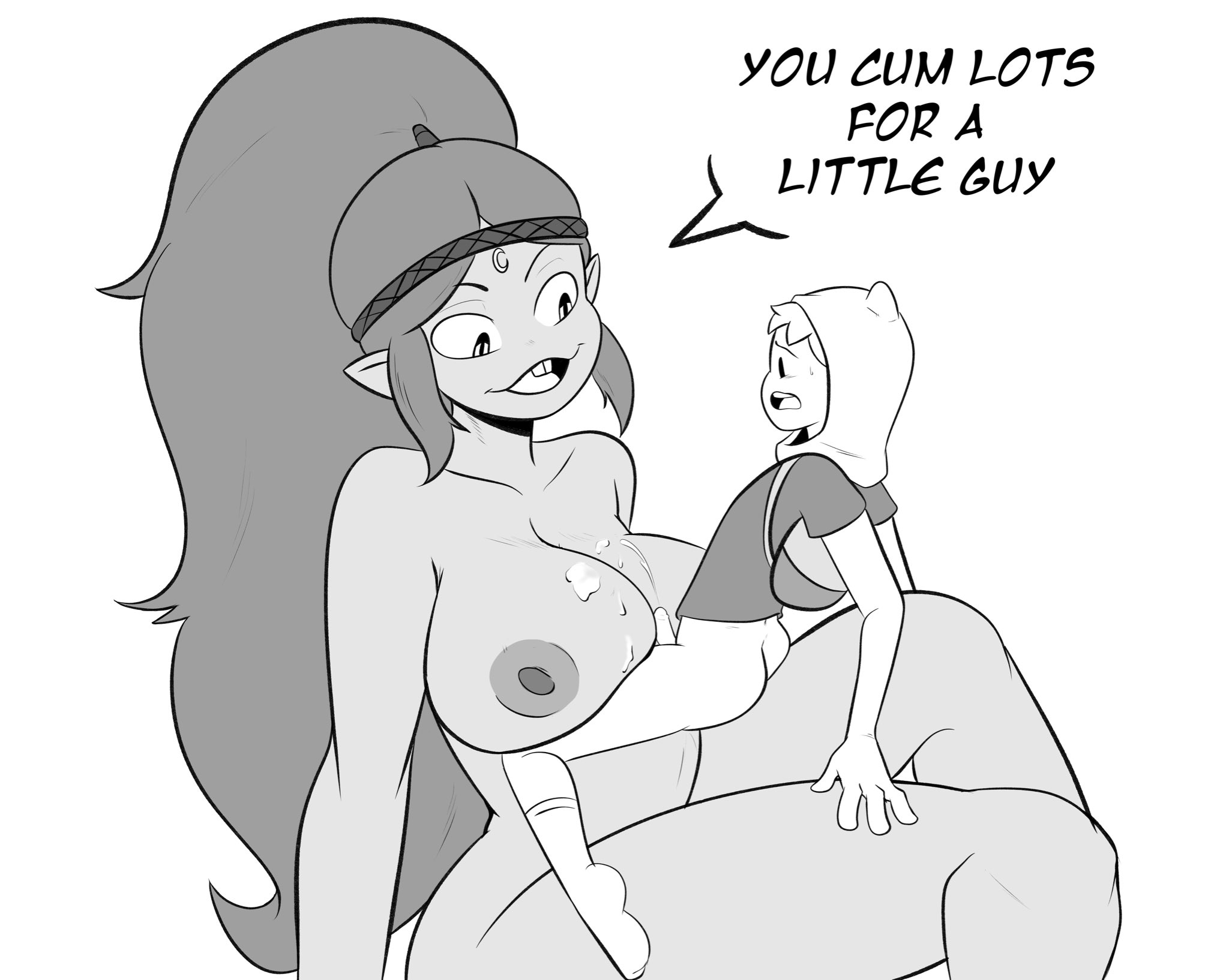 1boy, 1girls, adventure time, bottomless, breasts, canyon (adventure time), female, finn the human, giantess, huge breasts, klassyarts (artist), larger female, larger female smaller male, male, mini giantess, monochrome, nude, nude female, size difference, smaller male