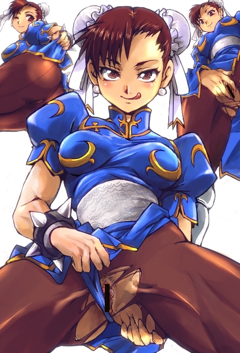 bracelet brown_hair bun_cover capcom censored chinese_clothes chun-li double_bun female female_only human jewelry kamisimo_90 naughty_face pantyhose solo spiked_bracelet spikes straight_hair street_fighter tongue torn_clothes torn_pantyhose