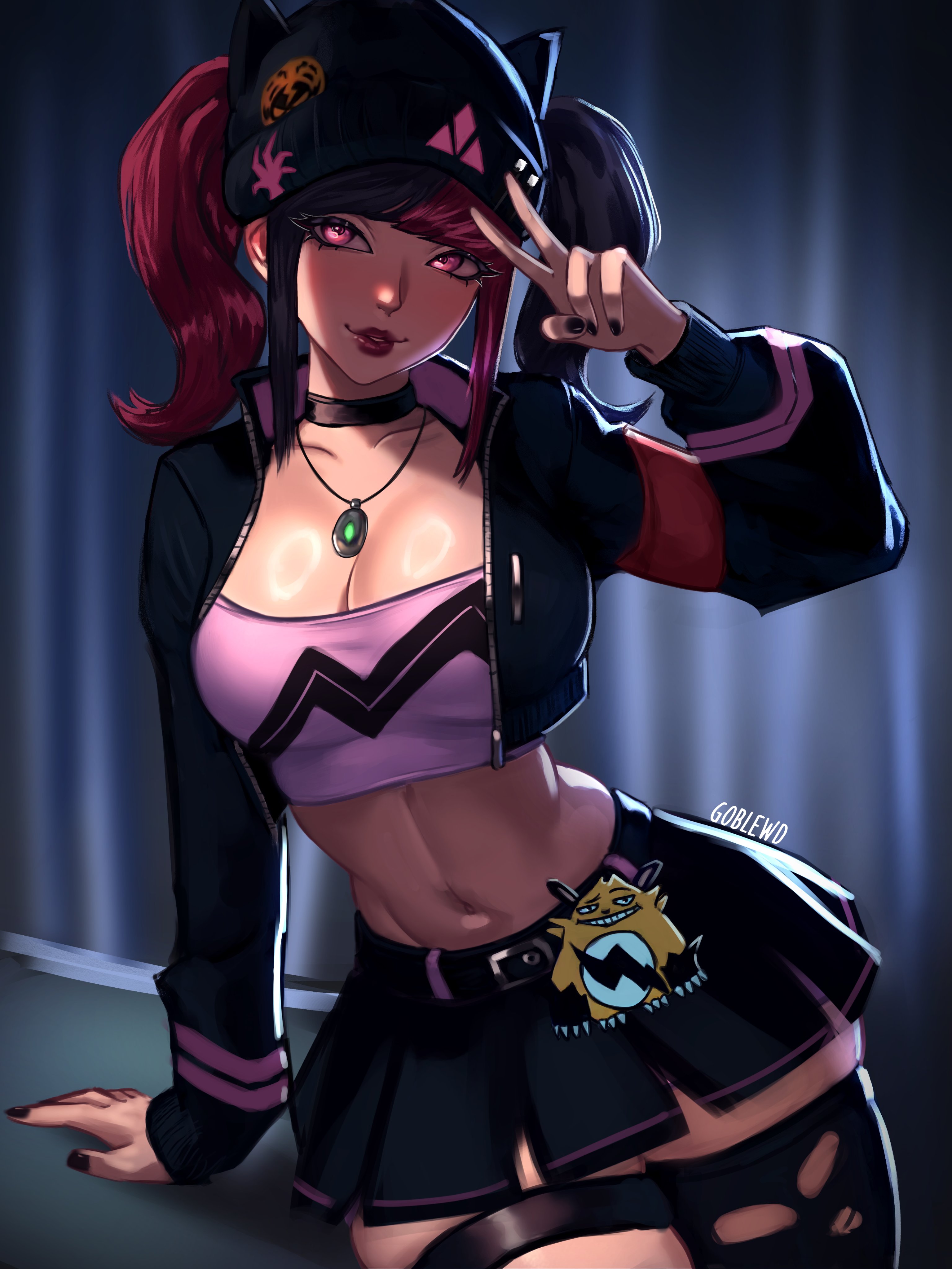1girls, armband, black hair, choker, cleavage, crop top, cute, egirl, fake animal ears, female, female only, fringe, goblewd (artist), hat, jacket, leaning forward, midriff, navel, necklace, open clothes, open jacket, palworld, petite, pink eyes, pink hair, seductive eyes, seductive look, seductive mouth, seductive smile, skirt, smirk, solo, tagme, teenager, twintails, two-tone hair, zoe rayne