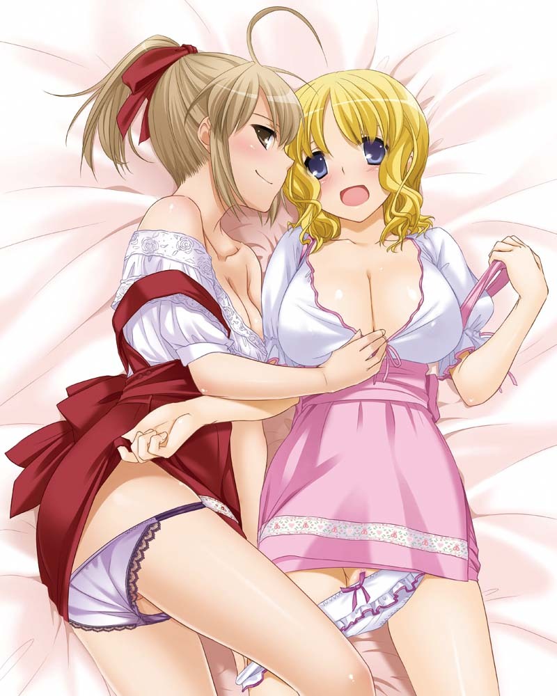 2girls ahoge anime_style anna_miller bangs bed blonde_hair blue_eyes breasts brown_eyes brown_hair cleavage female frilled_panties huge_breasts lace-trimmed_panties large_breasts lingerie looking_at_viewer mizuki_(seifuku_rakuen) multiple_girls nakajima_yuka on_back on_bed open_mouth panties panties_down pink_dress ponytail pulling_clothing pussy red_dress red_ribbon seifuku_rakuen short_hair smile straight_hair tied_hair underwear underwear_down waitress yui_(seifuku_rakuen) yuri