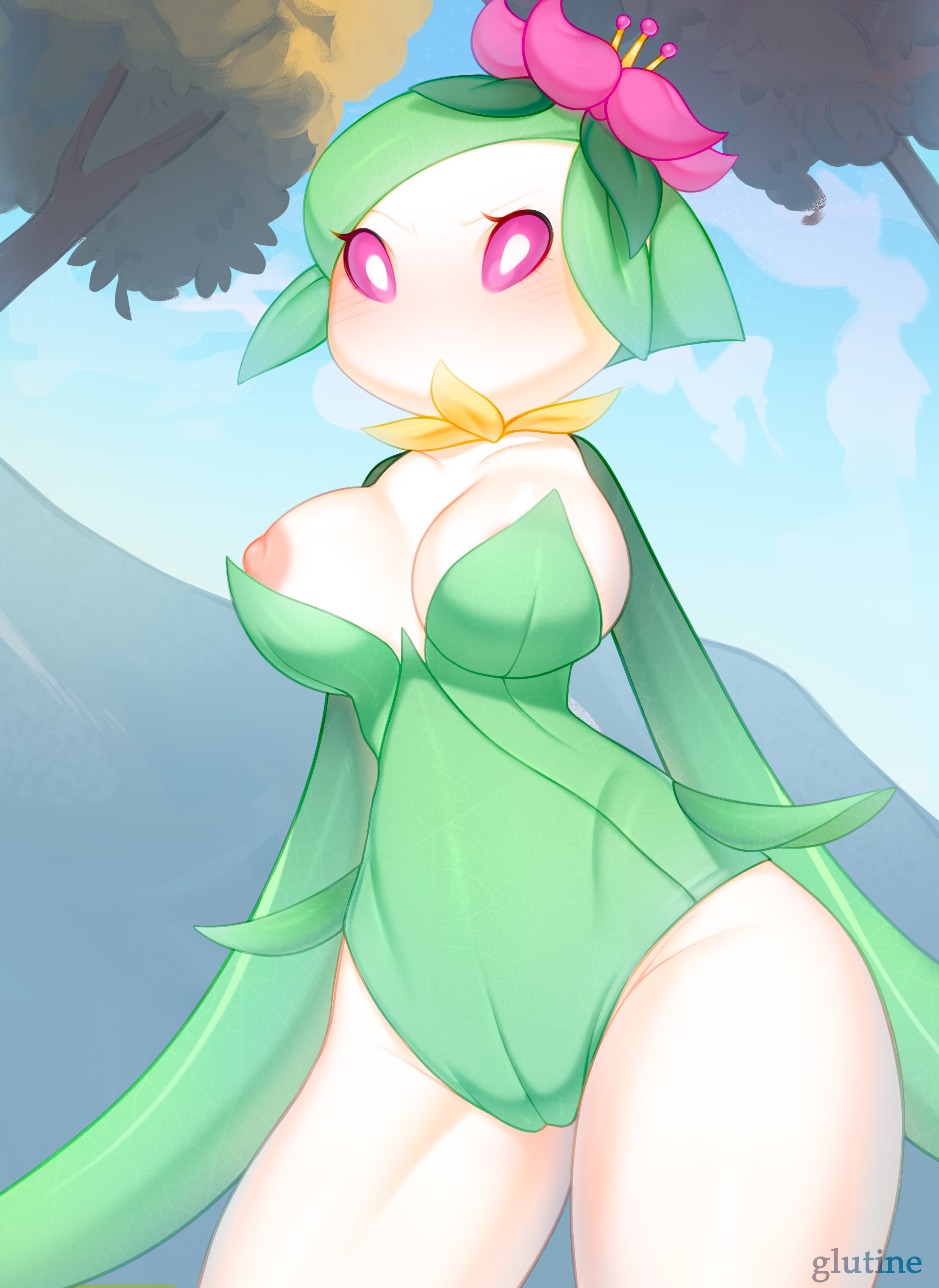 2022, blush, breasts, cameltoe, cleavage, female, female focus, female only, flower in hair, galutine, green hair, hisuian lilligant, humanoid, lilligant, nintendo, nipples, outdoors, pink eyes, plant girl, plant humanoid, pokémon (species), pokemon, pokemon (species), pussy, regional form (pokemon), short hair, thick thighs, thighs, white body