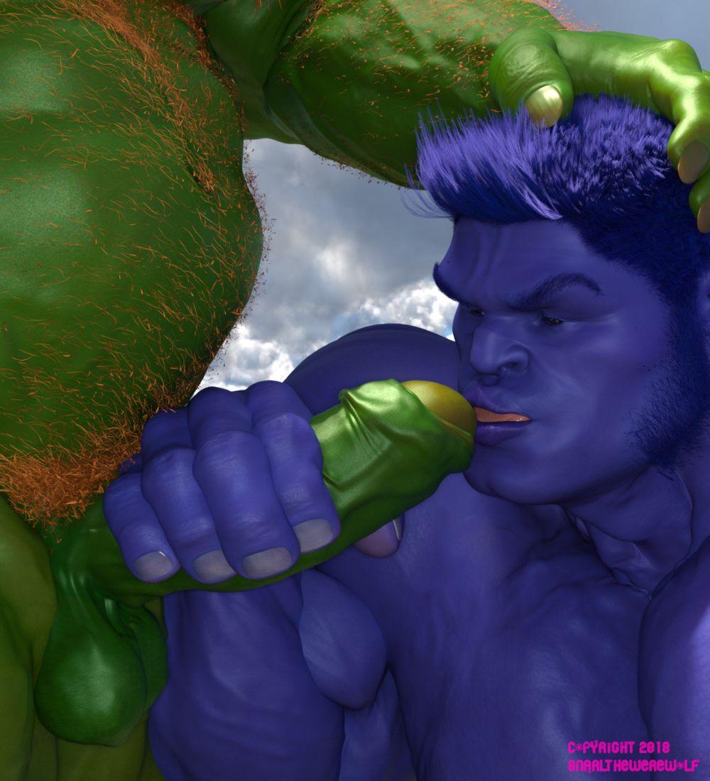 3d 3d_(artwork) anthro balls bara beast_(x-men) big_penis blanka blue_body blue_skinned_male boner capcom crossover erection furry gay green_body green_skin hand_on_head handjob hank_mccoy male male_only marvel marvel_comics muscles muscular nude orange_hair penis snarlthewerewolf street_fighter x-men