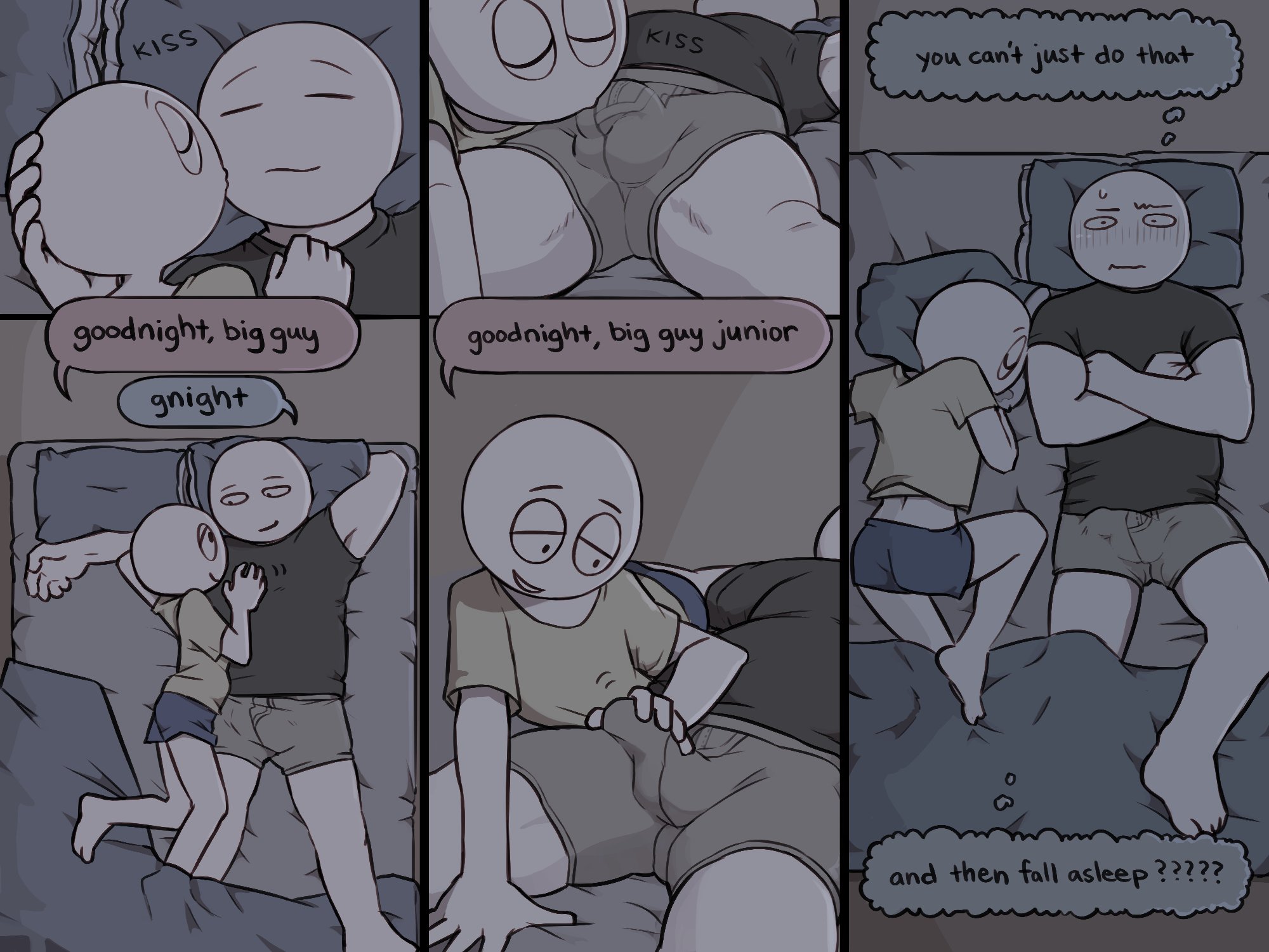 2025, age difference, bed, bulge, bulge grab, clothed, comic panel, dialogue, duo, english text, gay, homunculus100, kissing, lying on bed, male, size difference, sleeping, white body
