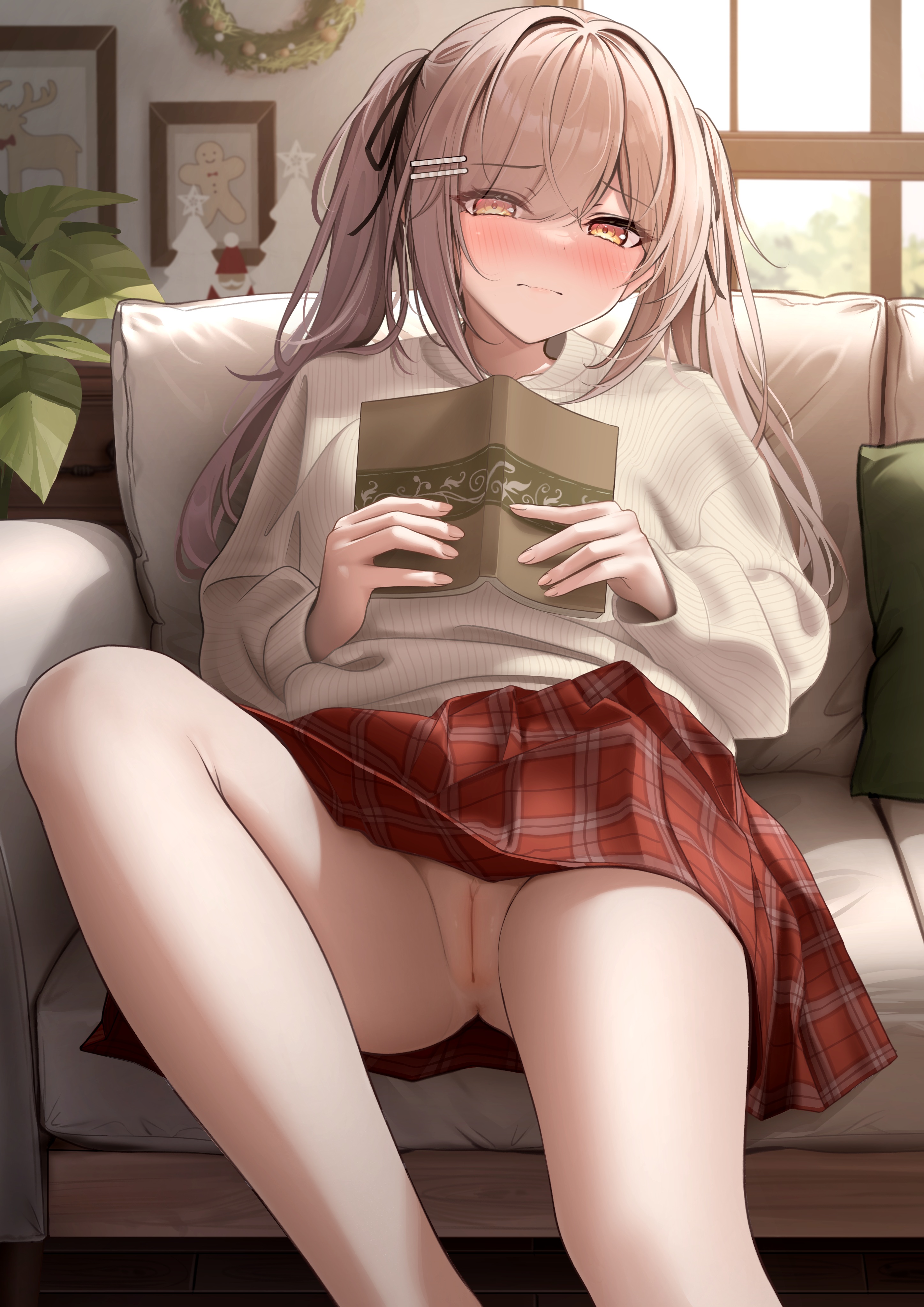 1girls, amber eyes, black ribbon, blush, book, brown eyes, brown hair, christmas, couch, female, female focus, female only, hair ornament, hair ribbon, hairclip, highres, holding, holding book, imouto-chan (monaka curl), indoors, long hair, long sleeves, looking at viewer, monaka curl, no panties, open mouth, original, pillow, plaid, plaid skirt, red skirt, ribbon, shirt, sitting, skirt, solo, solo female, solo focus, thighs, twintails, uncensored, upskirt, white shirt