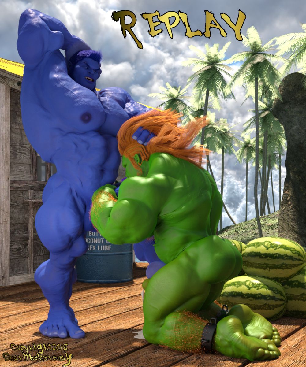 3d 3d_(artwork) anthro balls bara beast_(x-men) big_penis blanka blowjob blue_body blue_skinned_male boner capcom crossover erection footjob furry gay green_body green_skin hand_on_head hank_mccoy male male_only marvel marvel_comics muscles muscular nude oral orange_hair penis snarlthewerewolf street_fighter x-men