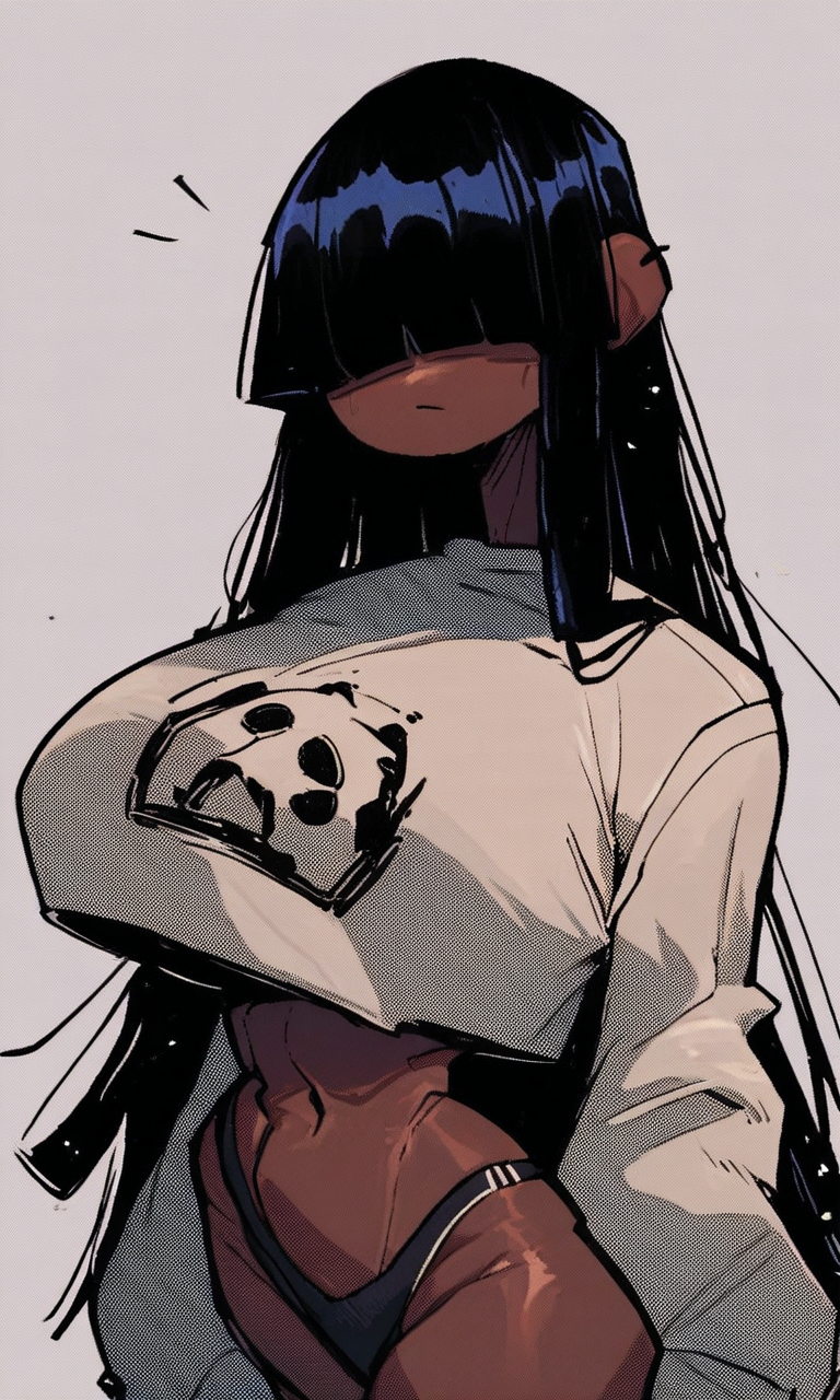 1girls ai_generated black_hair black_panties black_thong blunt_bangs celia_(kosine1777) crop_top dark_skin goth goth_girl hair_over_eyes huge_breasts kosine1777 long_hair long_sleeves original original_character panda sweater thin_waist thong underboob white_crop_top wide_hips