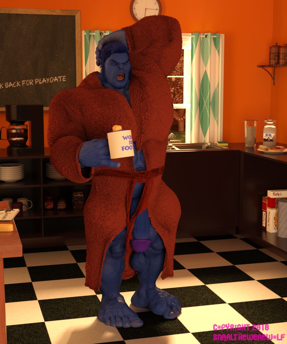 3d 3d_(artwork) anthro balls bara beast_(x-men) big_penis blue_body blue_skin blue_skinned_male closed_eyes dressing_gown flaccid furry hank_mccoy male male_only marvel marvel_comics muscles muscular penis snarlthewerewolf solo solo_male x-men yawning