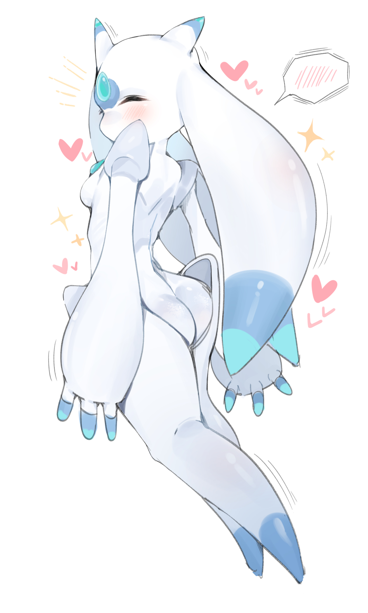 anthro, ass, big thighs, blue eyes, blush, breasts, closed eyes, cute, female, female only, heart, lunaris (pal), myamul, pal (species), palworld, robot, robot girl, small breasts, solo, tagme, thick hips, thick thighs, thighs, white body